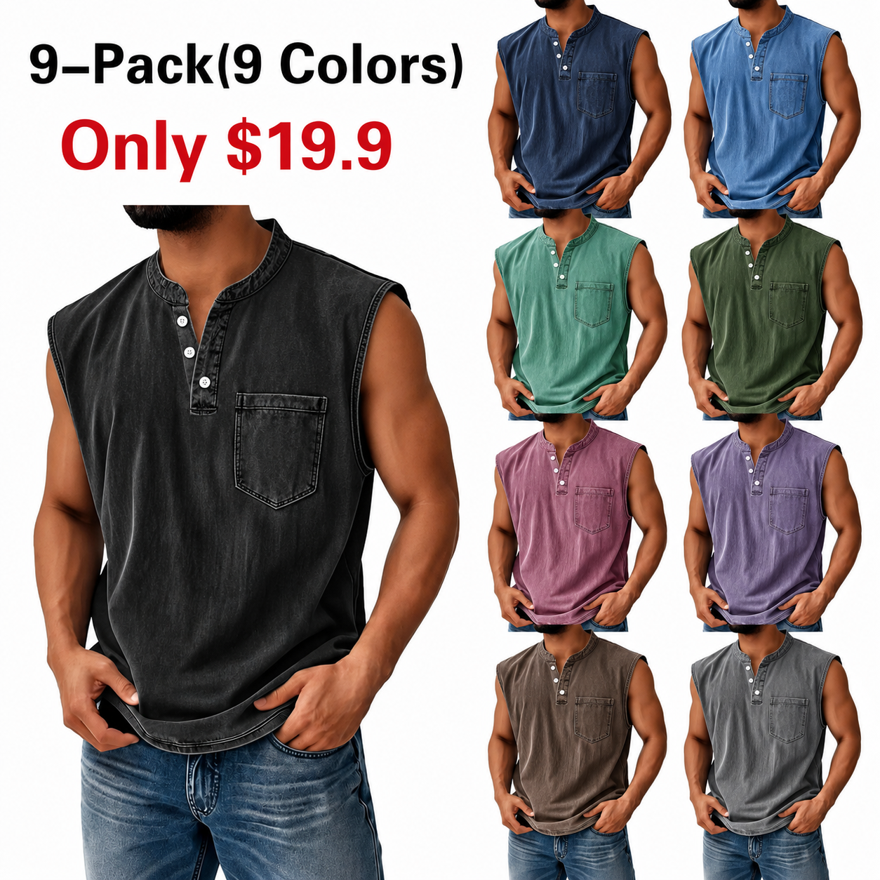 Men's Washed CottonSleeveless Henley Vest