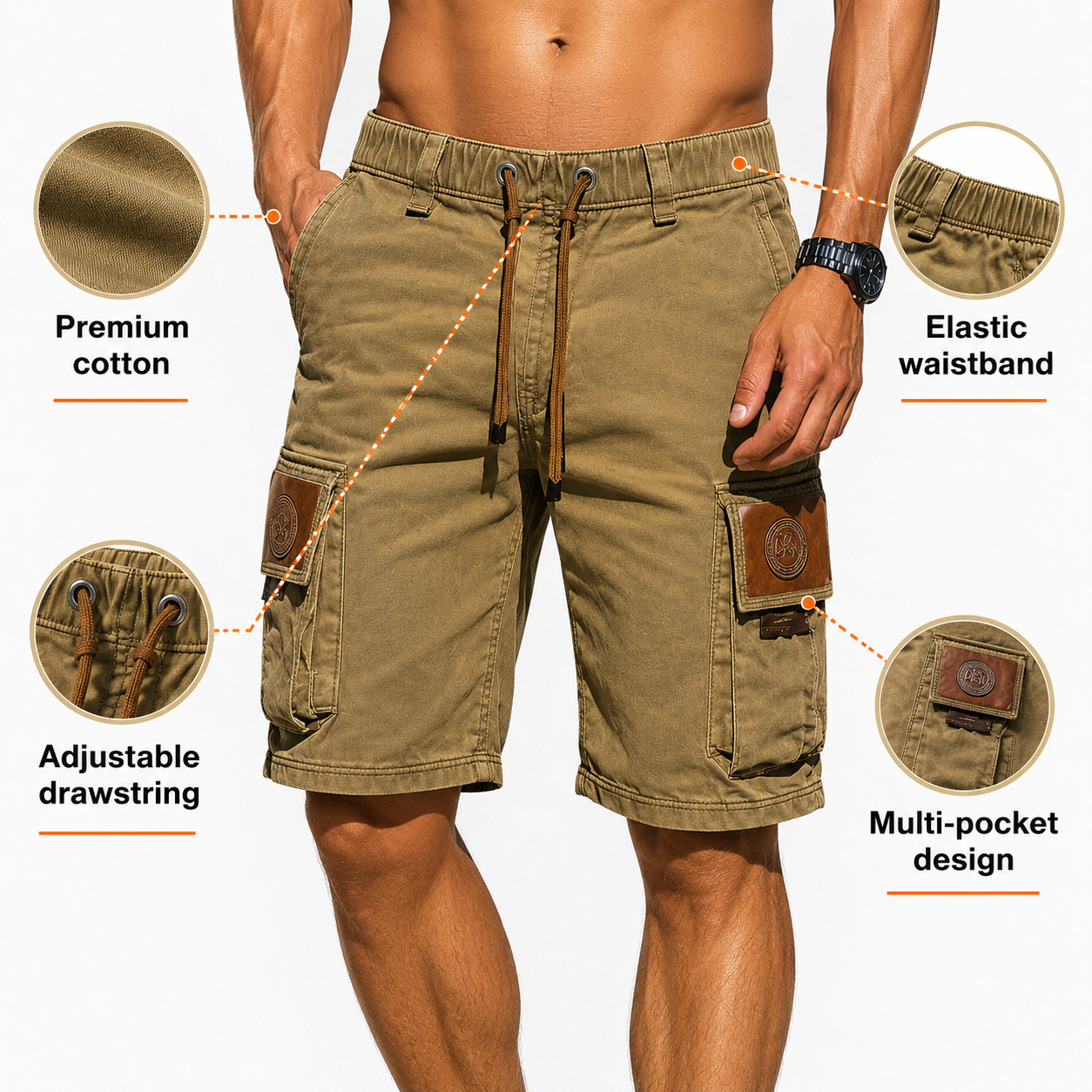 Men's Cotton Elastic Waist Multi-Pocket Cargo Shorts