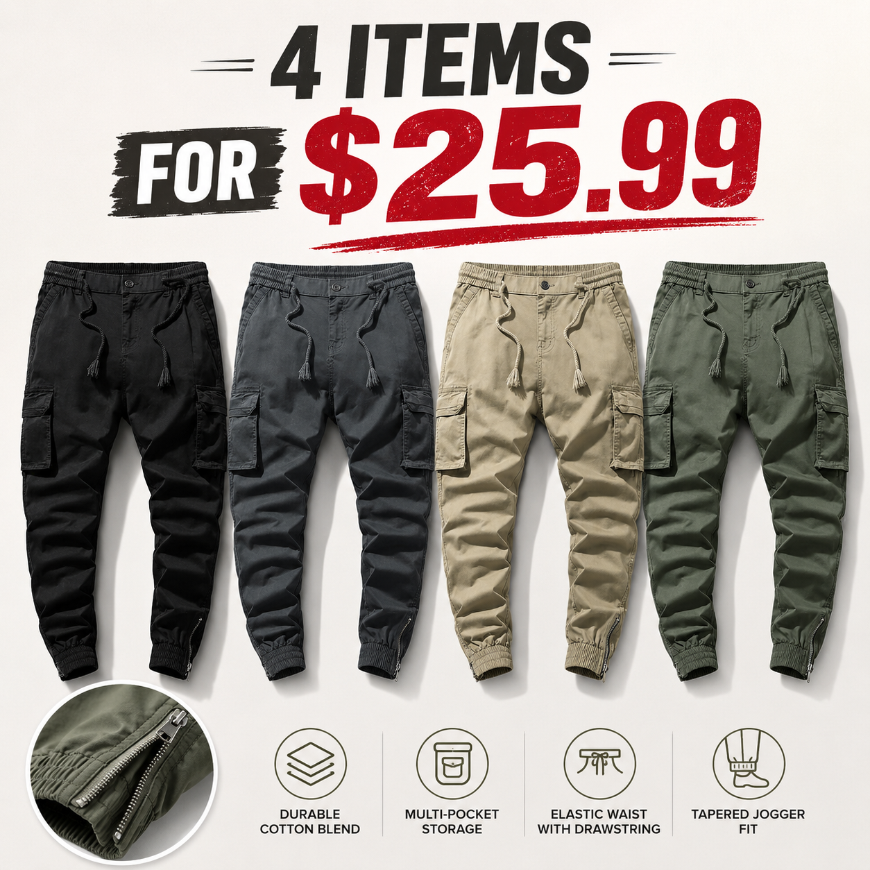 Stylish solid-color cargo pants featuring an elastic drawstring design, multiple pockets, and multiple flap details