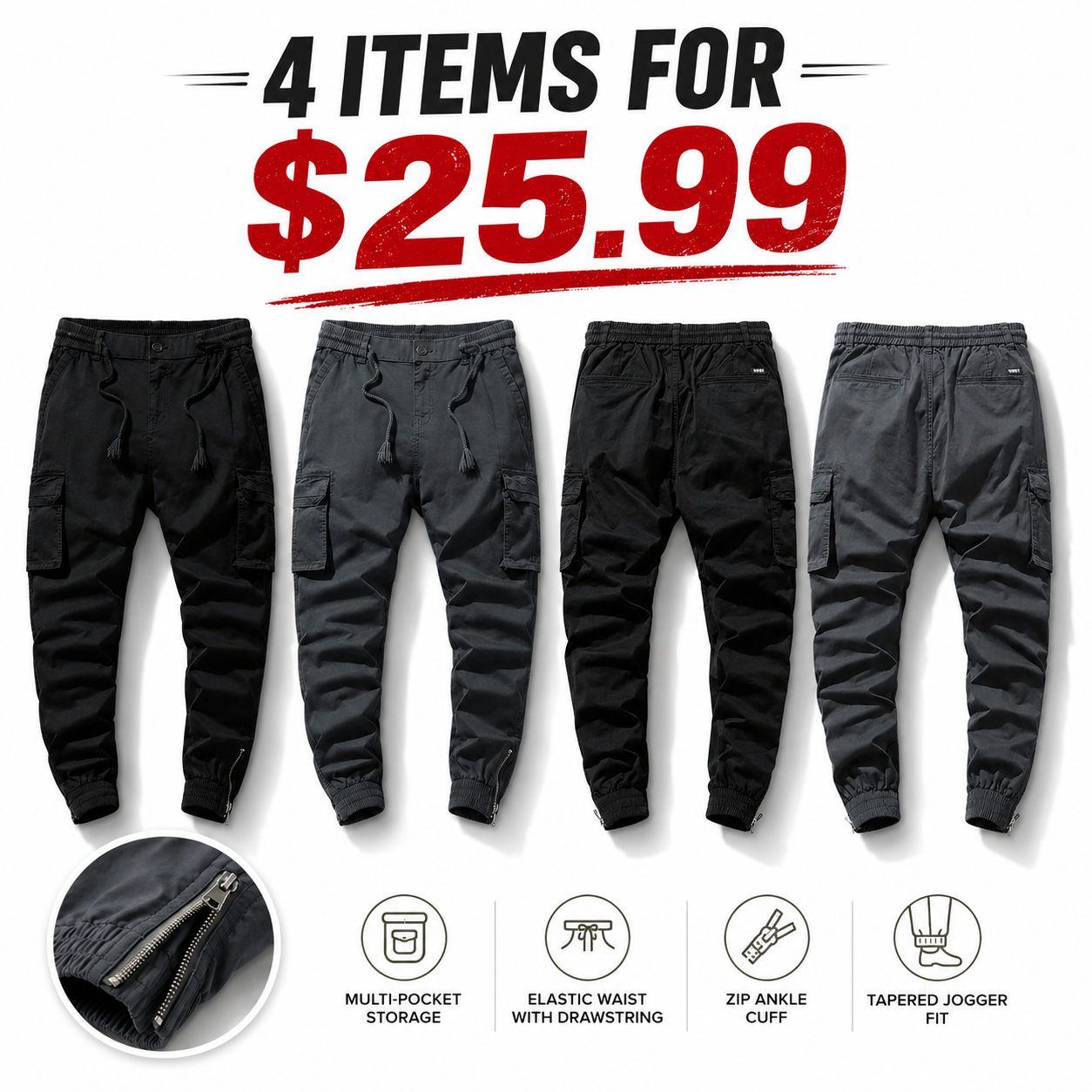 Stylish solid-color cargo pants featuring an elastic drawstring design, multiple pockets, and multiple flap details
