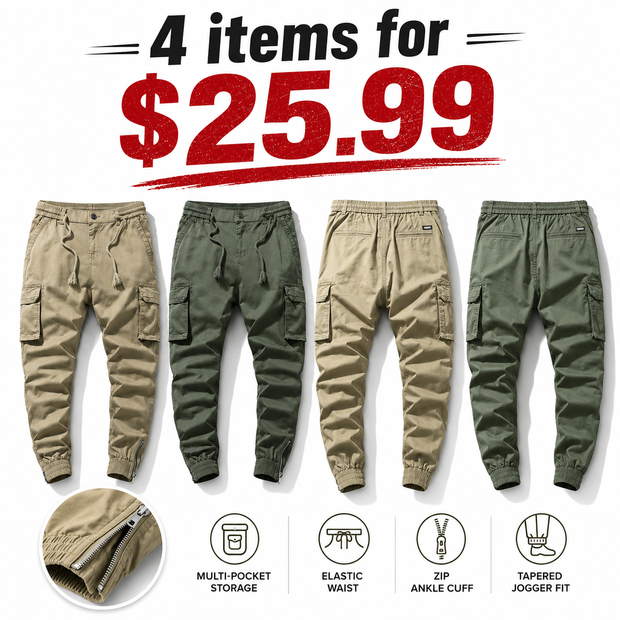 Stylish solid-color cargo pants featuring an elastic drawstring design, multiple pockets, and multiple flap details