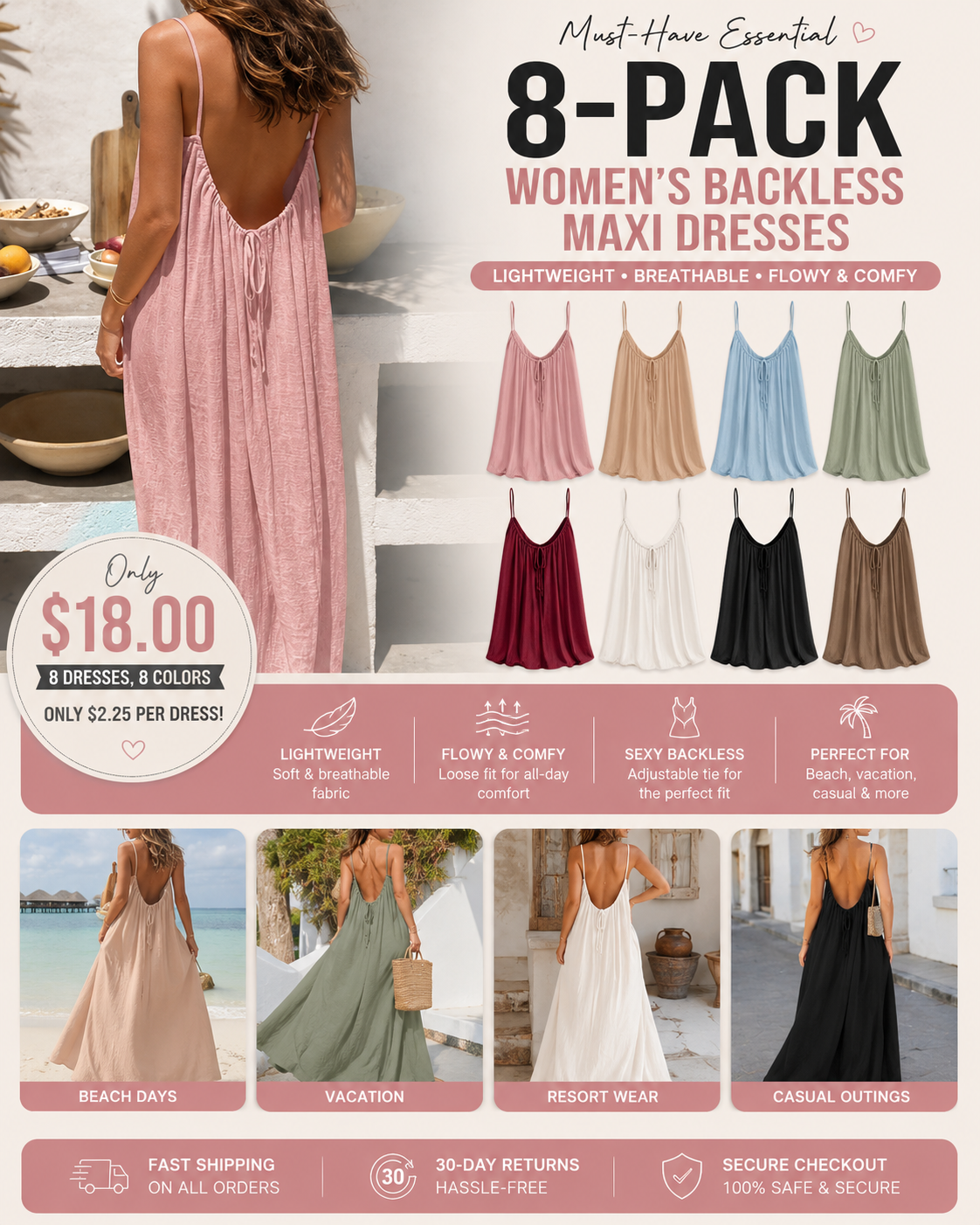Women's Cotton LinenBackless Loose Dress
