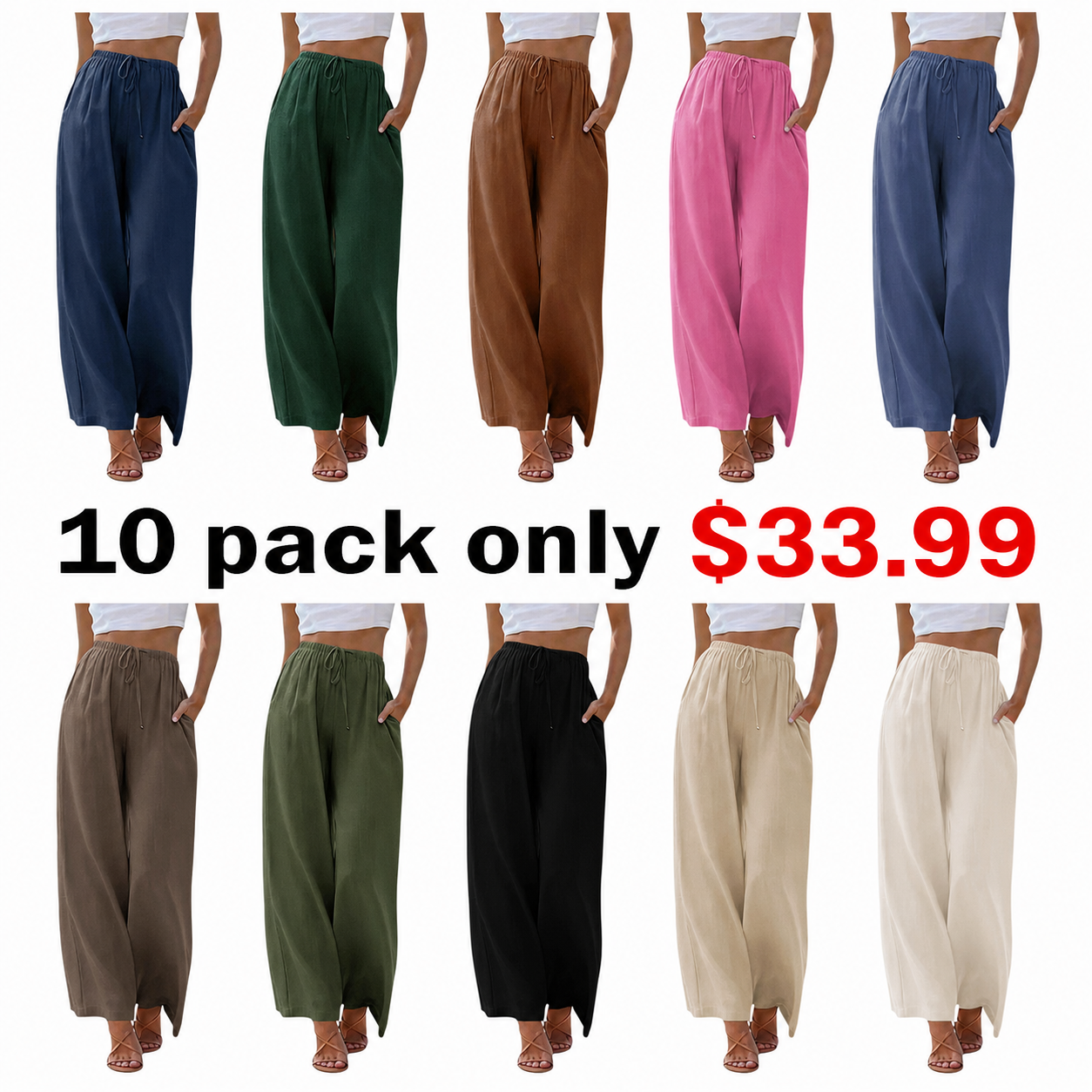🔥Summer sale Women's Cotton Linen 2026 Summer Palazzo Pants Flowy Wide Leg Beach Trousers with Pockets Casual Wideleg