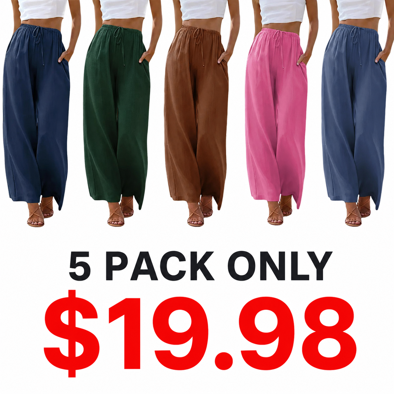 🔥Summer sale Women's  Cotton Linen 2026 Summer Palazzo Pants Flowy Wide Leg Beach Trousers with Pockets Casual Wideleg