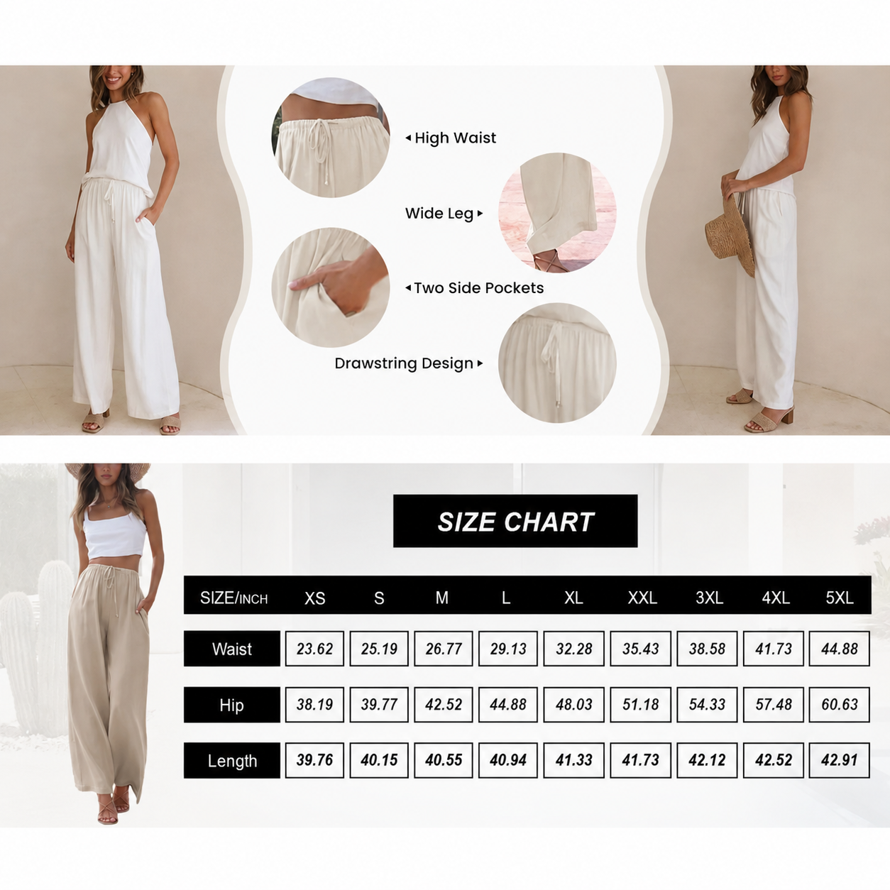 🔥Summer sale Women's  Cotton Linen 2026 Summer Palazzo Pants Flowy Wide Leg Beach Trousers with Pockets Casual Wideleg