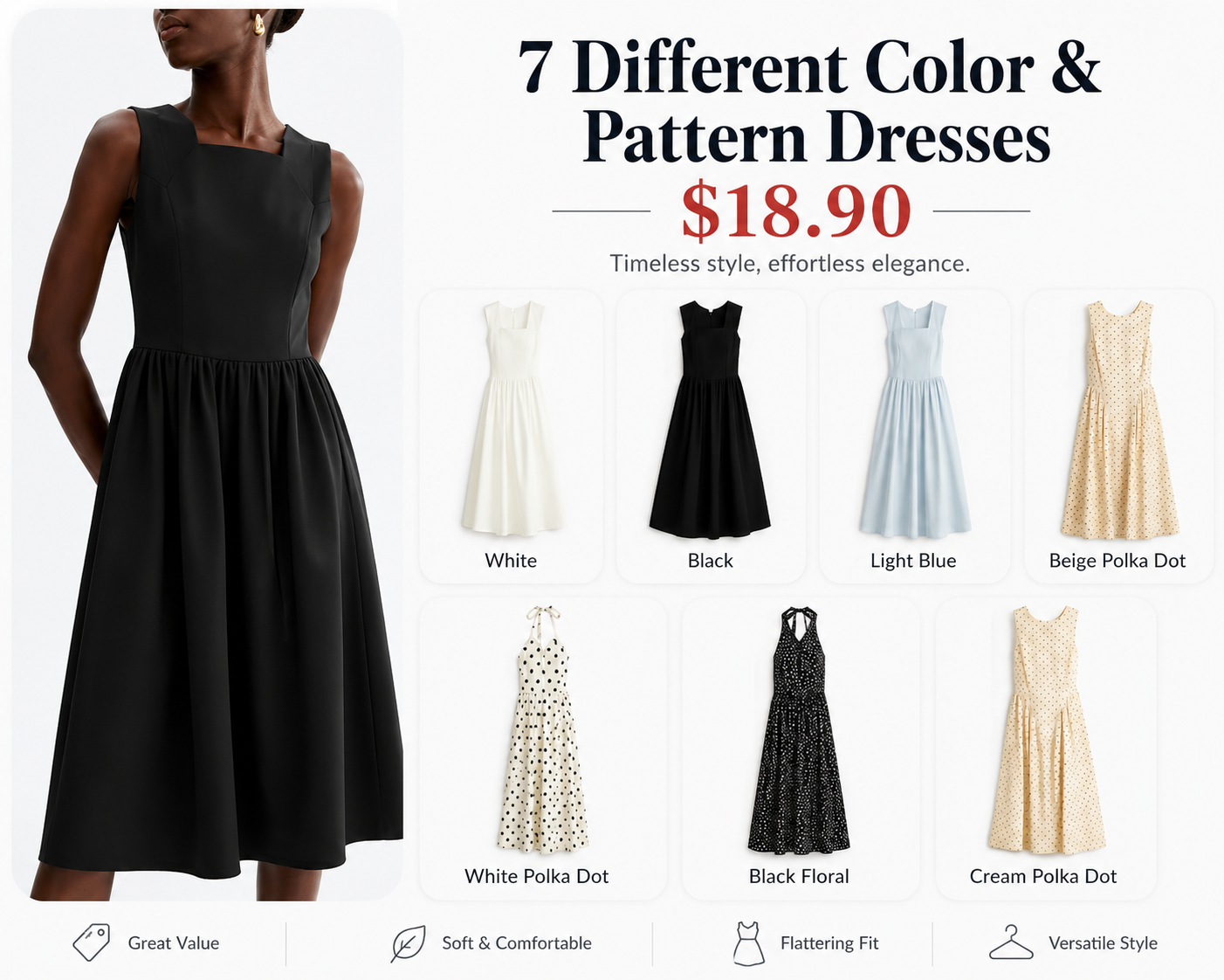 7 dresses in different colors and cuts