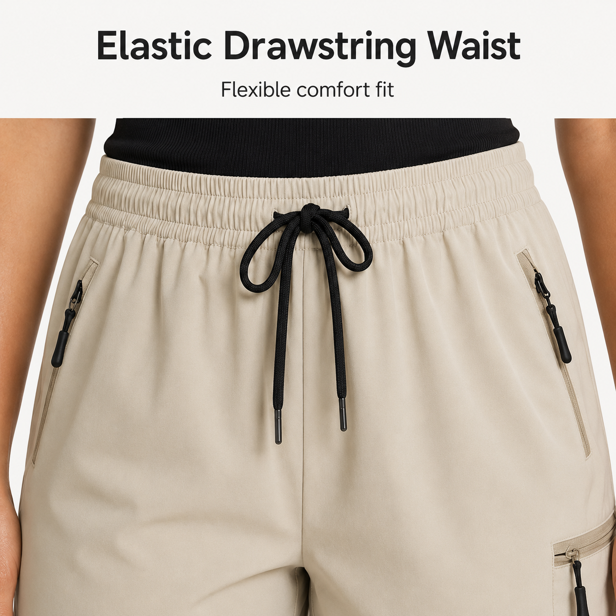 Close view of elastic drawstring waist on lightweight cargo shorts