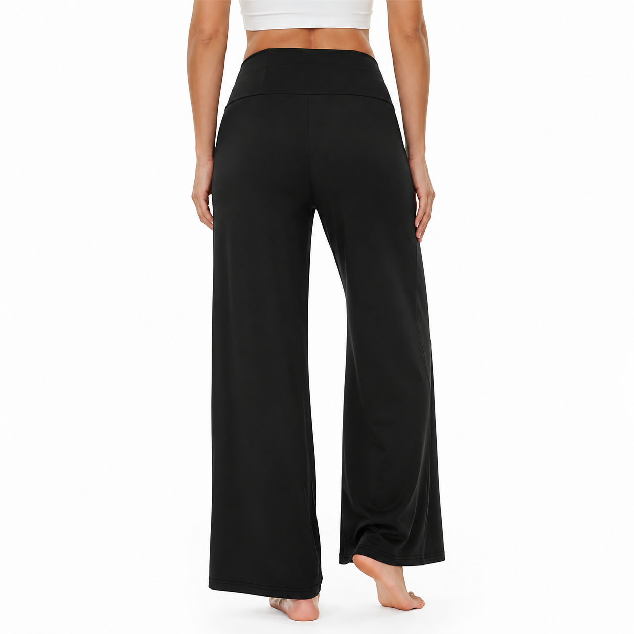 Back view of black women wide leg lounge pants with wide waistband and relaxed leg