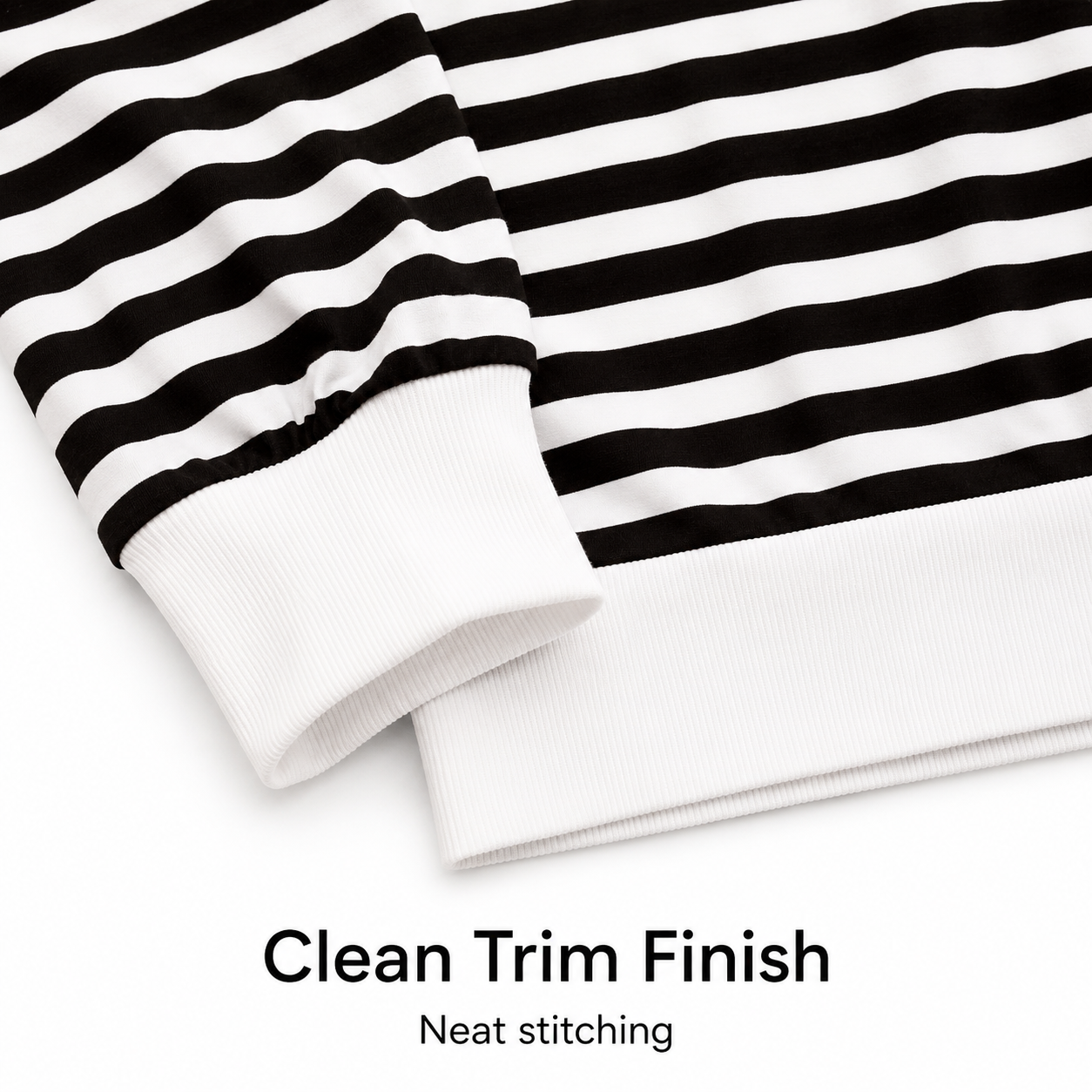 White cuff and hem trim detail on striped lounge set