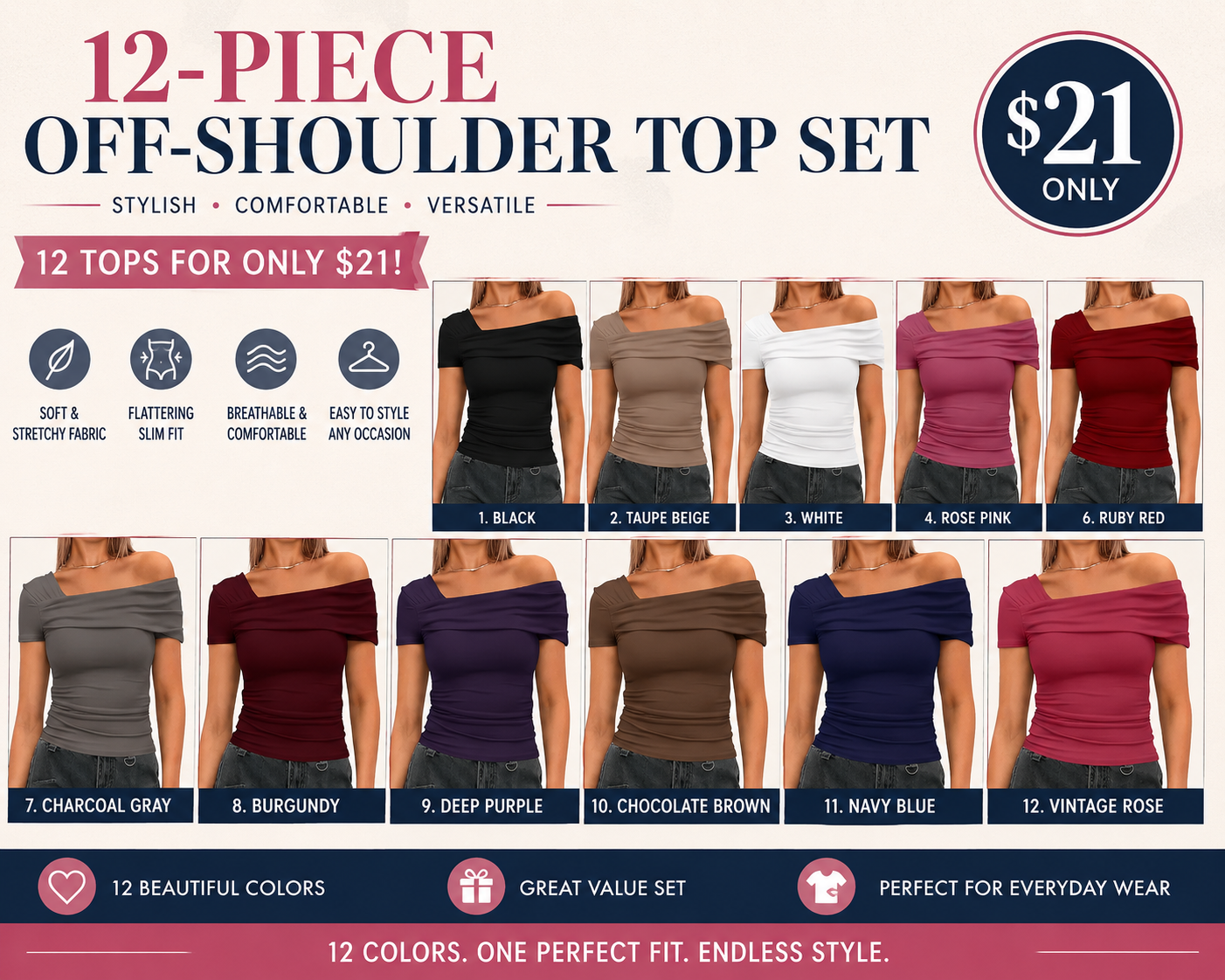 12-Piece Off-Shoulder Top Collection