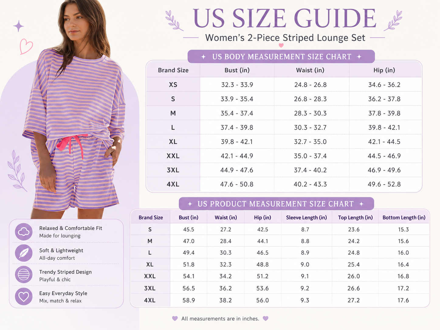 Women's Striped Short Sets - 2 Piece Outfits Sweatsuits 3/4 Sleeve Pajamas Casual Lounge Sets