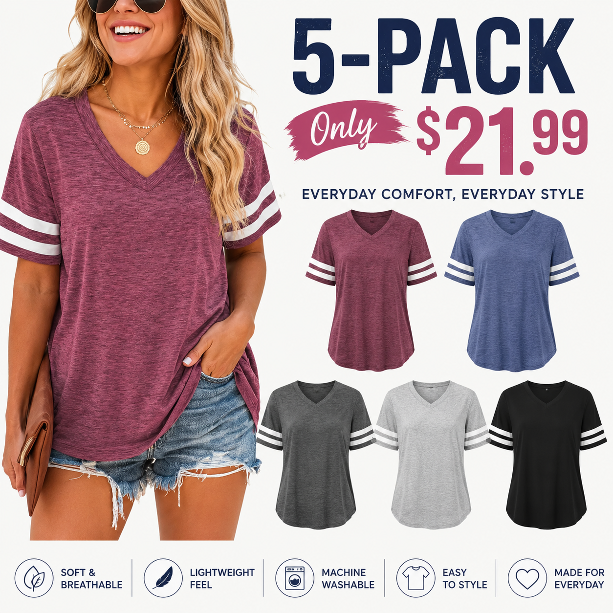 Women's Contrast Striped V Neck Short Sleeve Tee