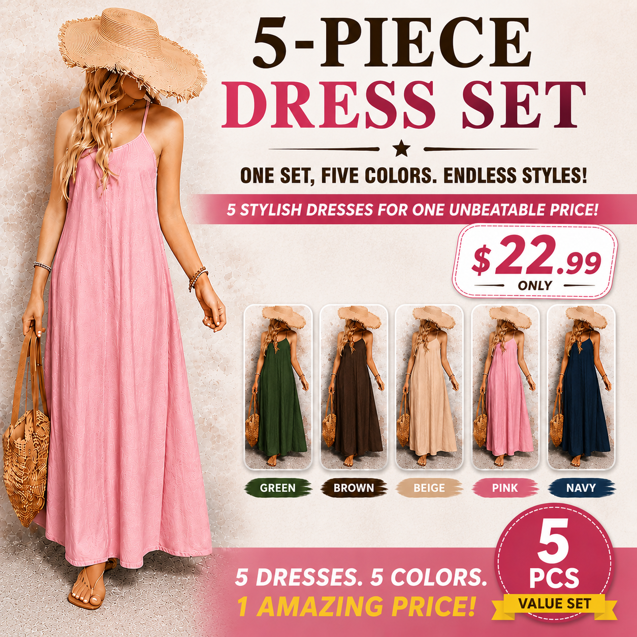 Ladies' Suspender Wash WaterSolid Color Casual Dress（5-Piece Set）