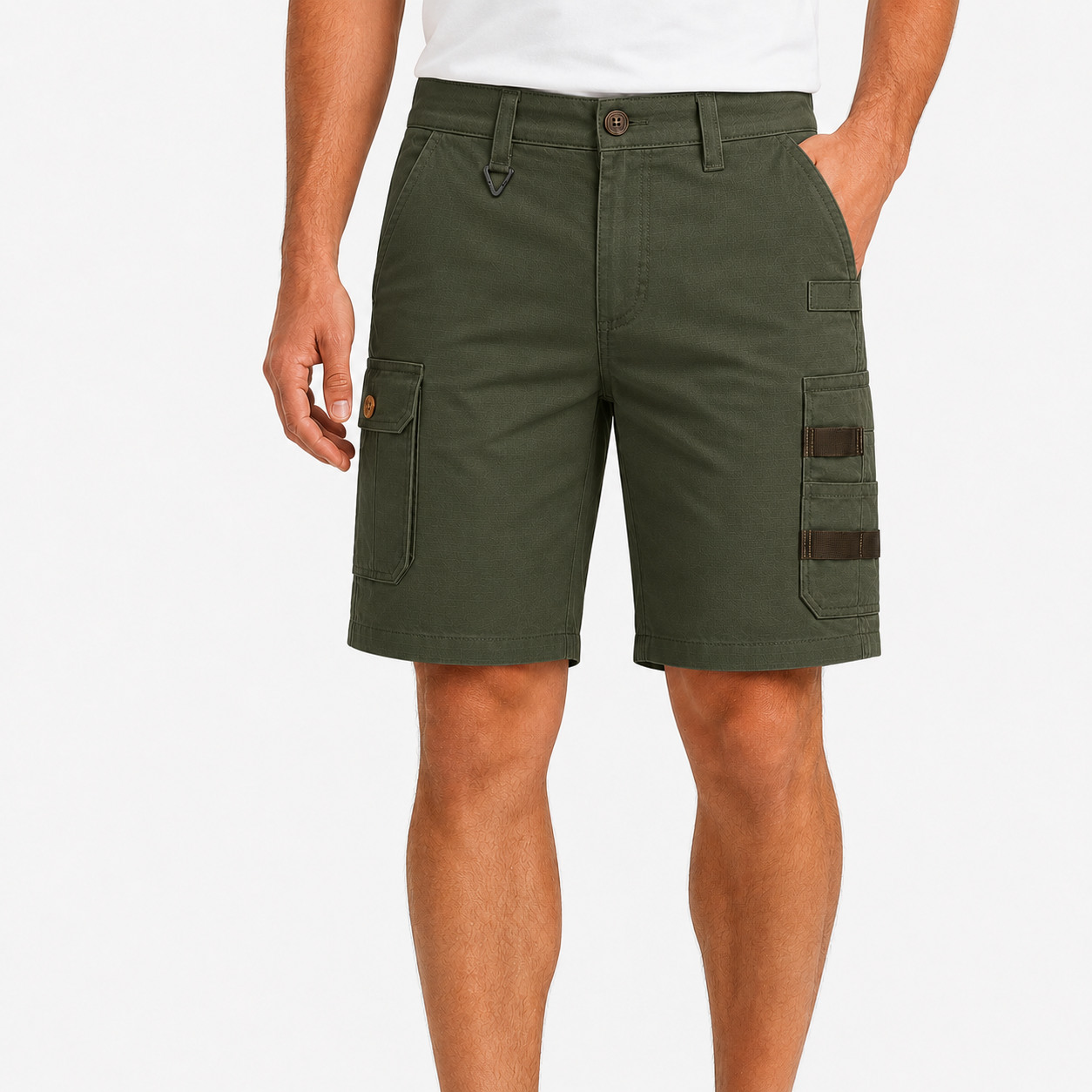 Deep Olive men's utility cargo shorts model image