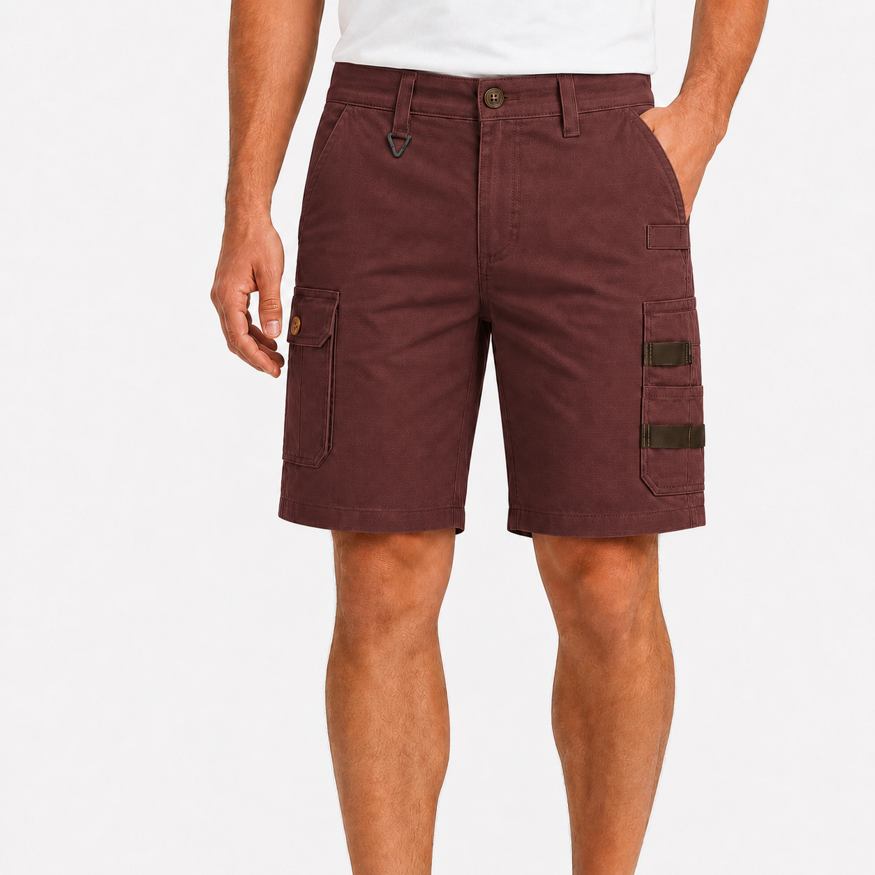 Oxblood Brown men's utility cargo shorts model image