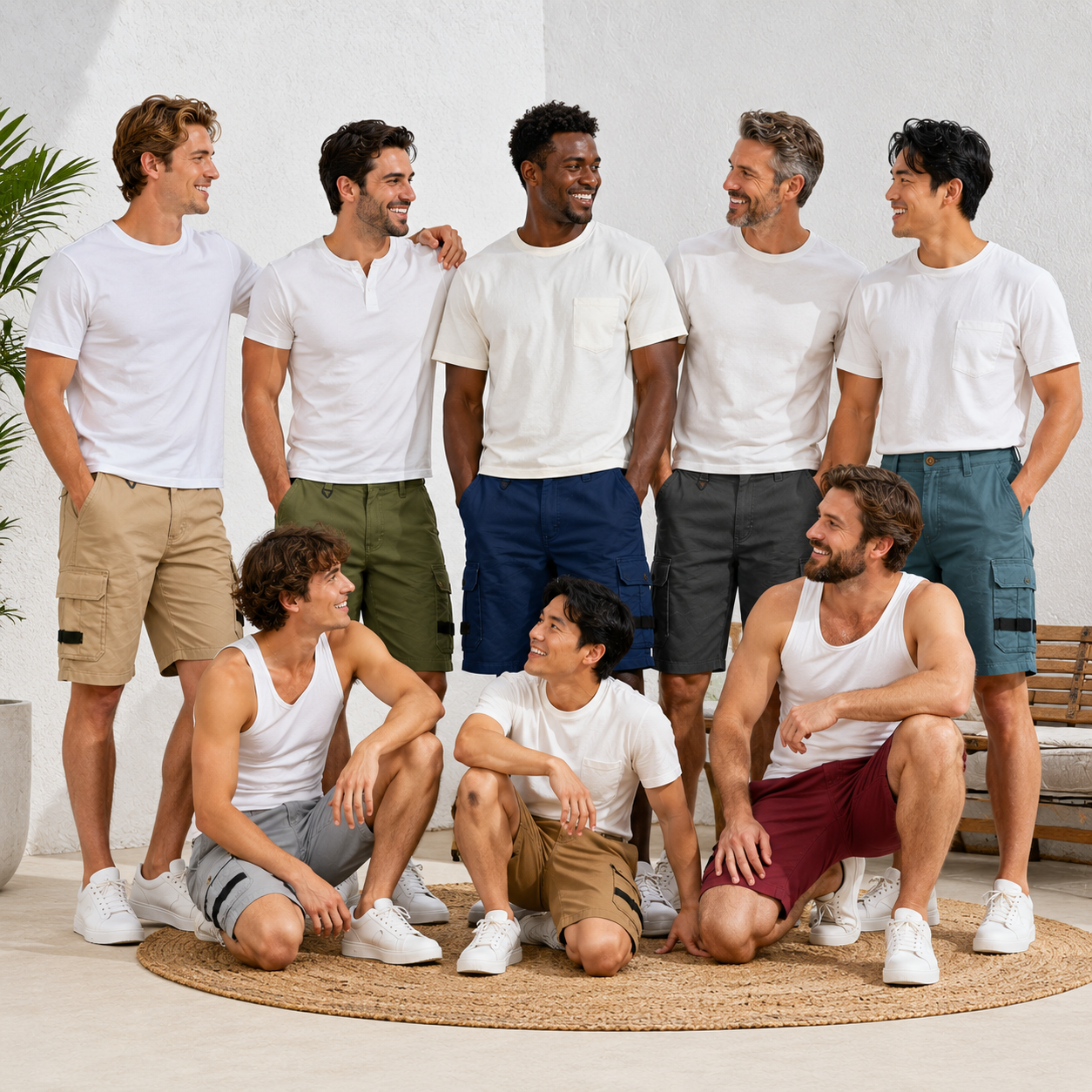 Eight adult men wearing all mixed colors of utility cargo shorts