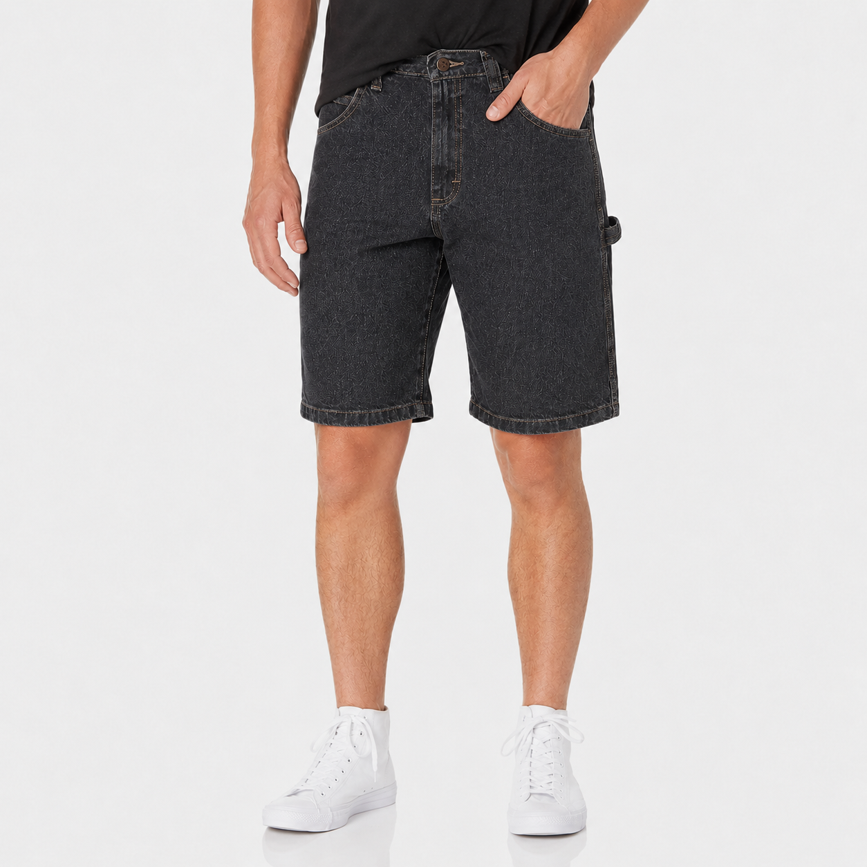 Washed Black Denim carpenter shorts front view