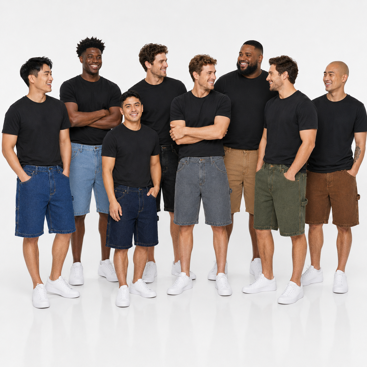 Eight model group photo wearing mixed color denim carpenter shorts