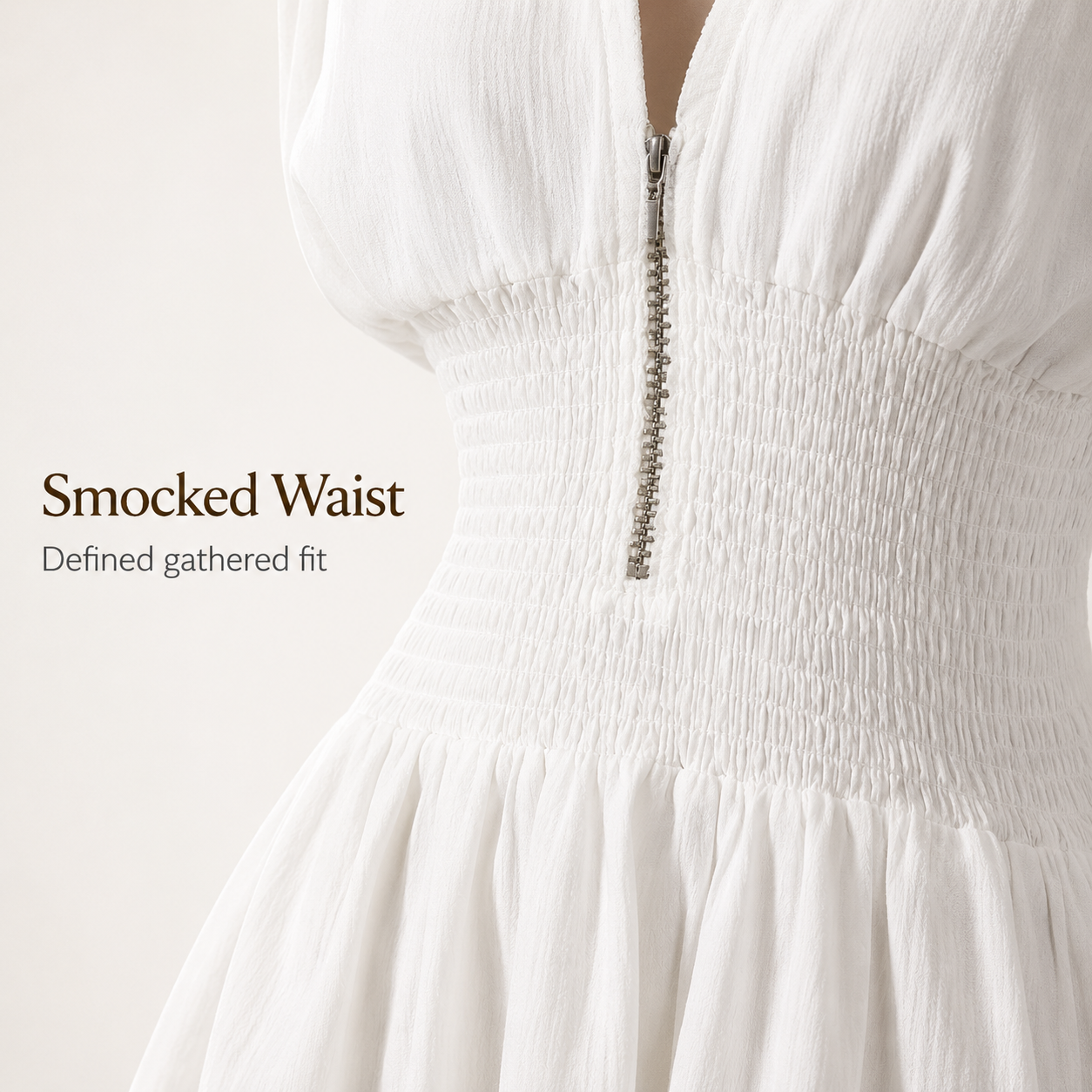 Smocked waist and front zipper detail