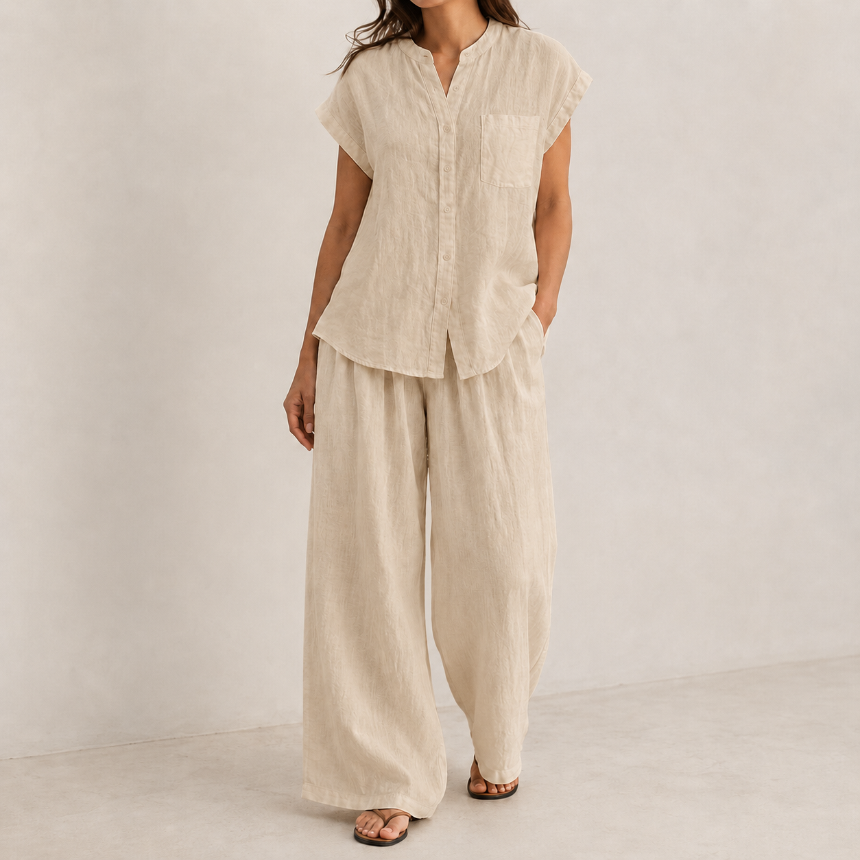 Oatmeal Beige relaxed two-piece woven set