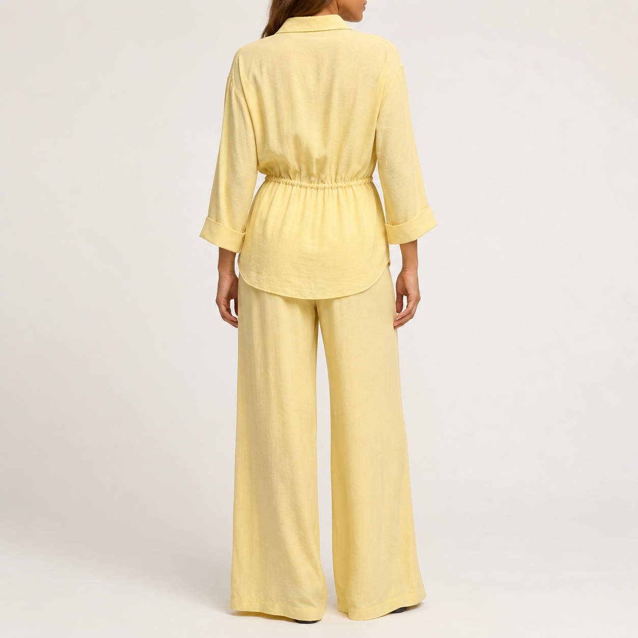 Back view of relaxed drawstring two-piece set
