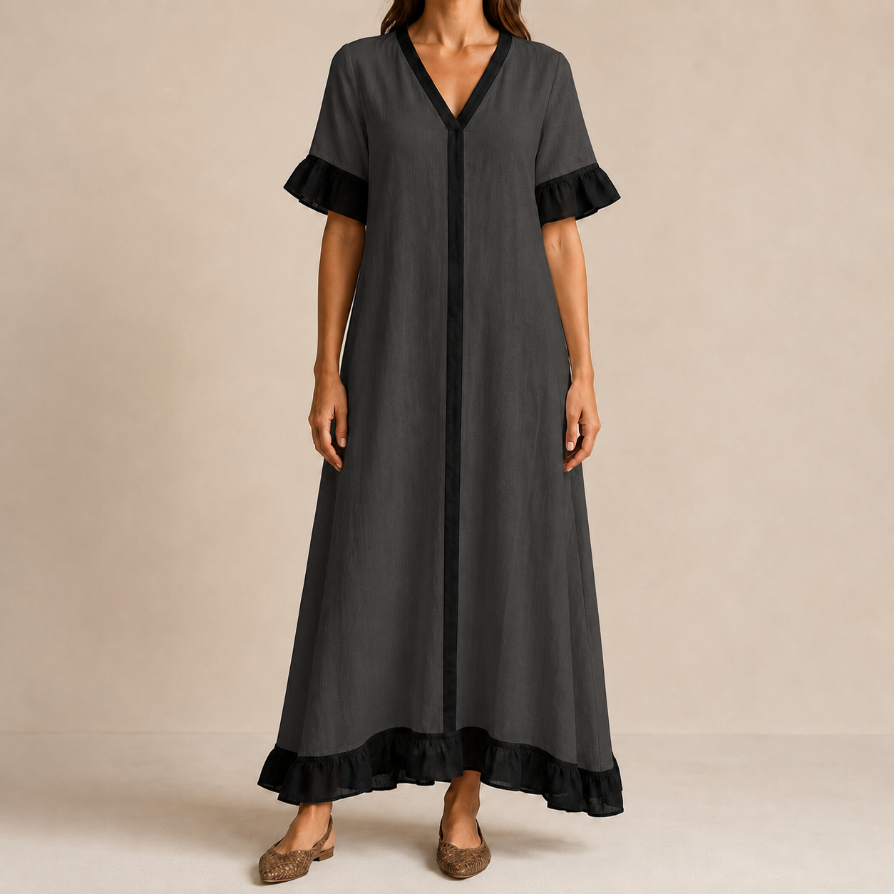 Charcoal black contrast V-neck ruffle hem maxi dress