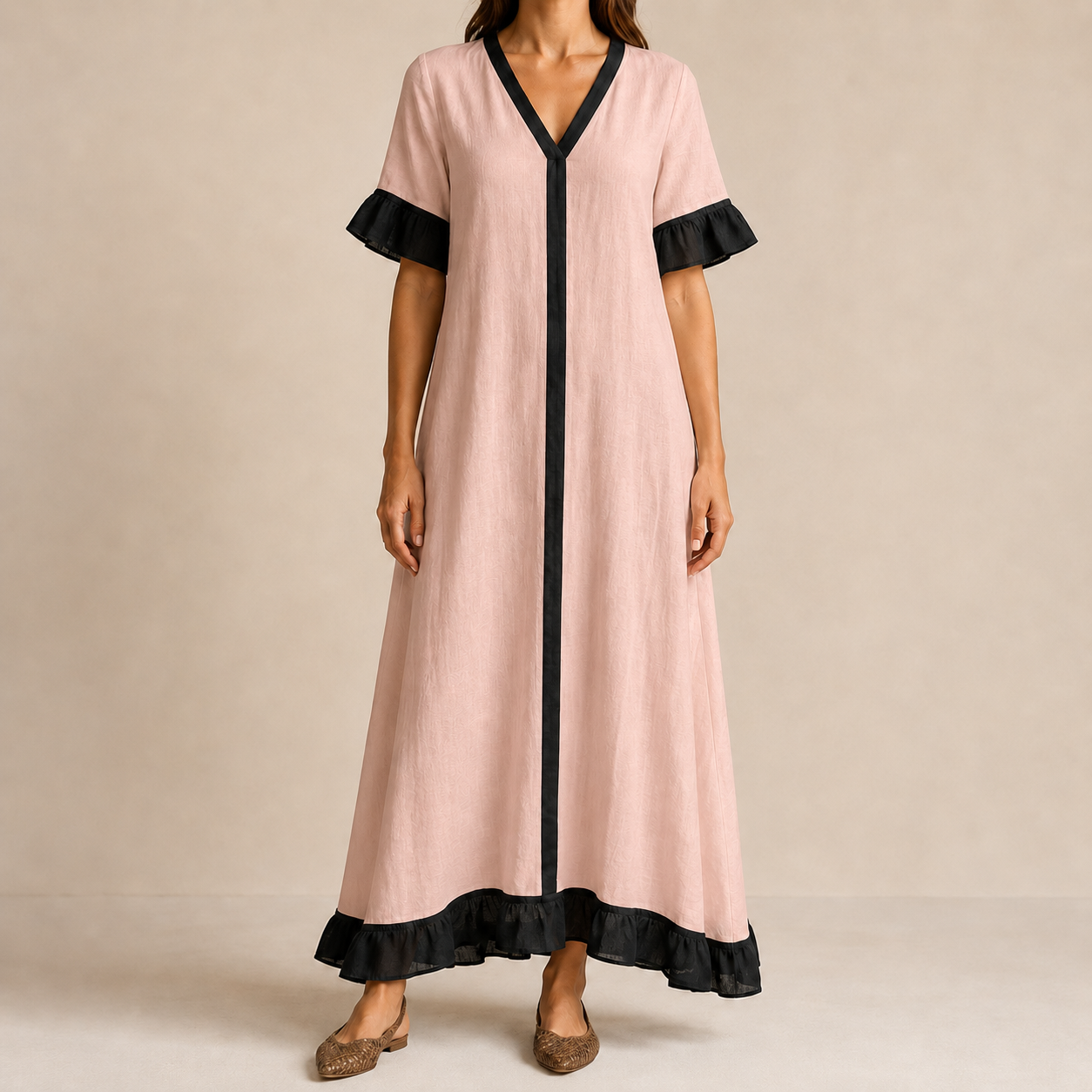 Soft blush black contrast V-neck ruffle hem maxi dress