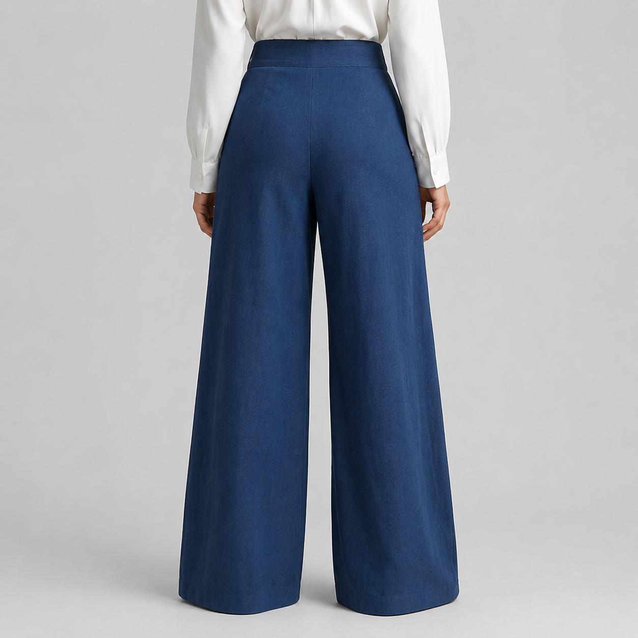 Deep denim blue wide-leg pants back view