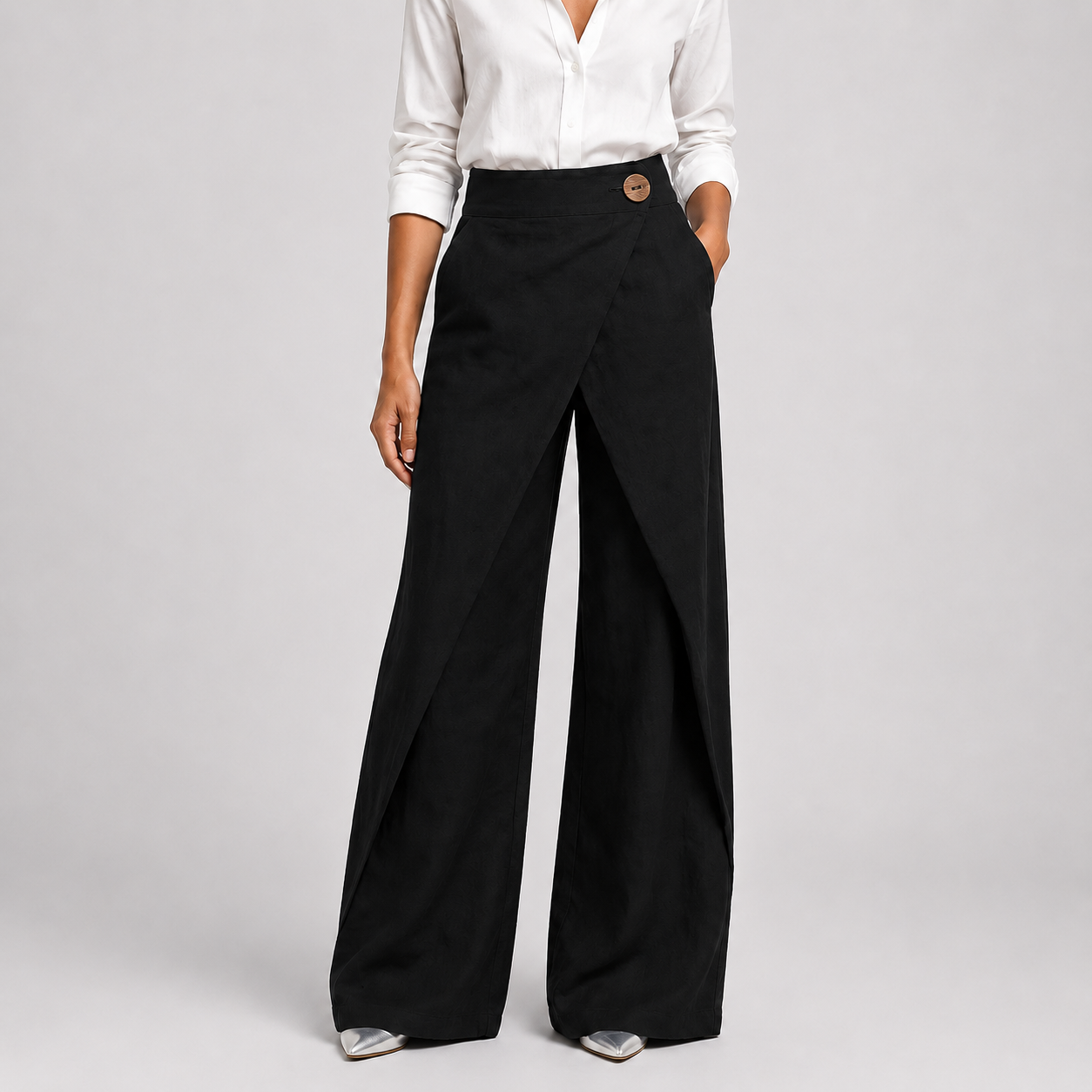 Black wrap-front wide-leg pants