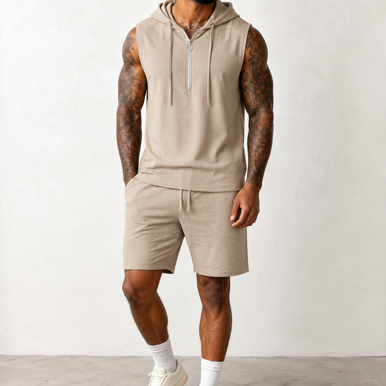 Stone taupe men's sleeveless half zip hoodie and shorts set front view