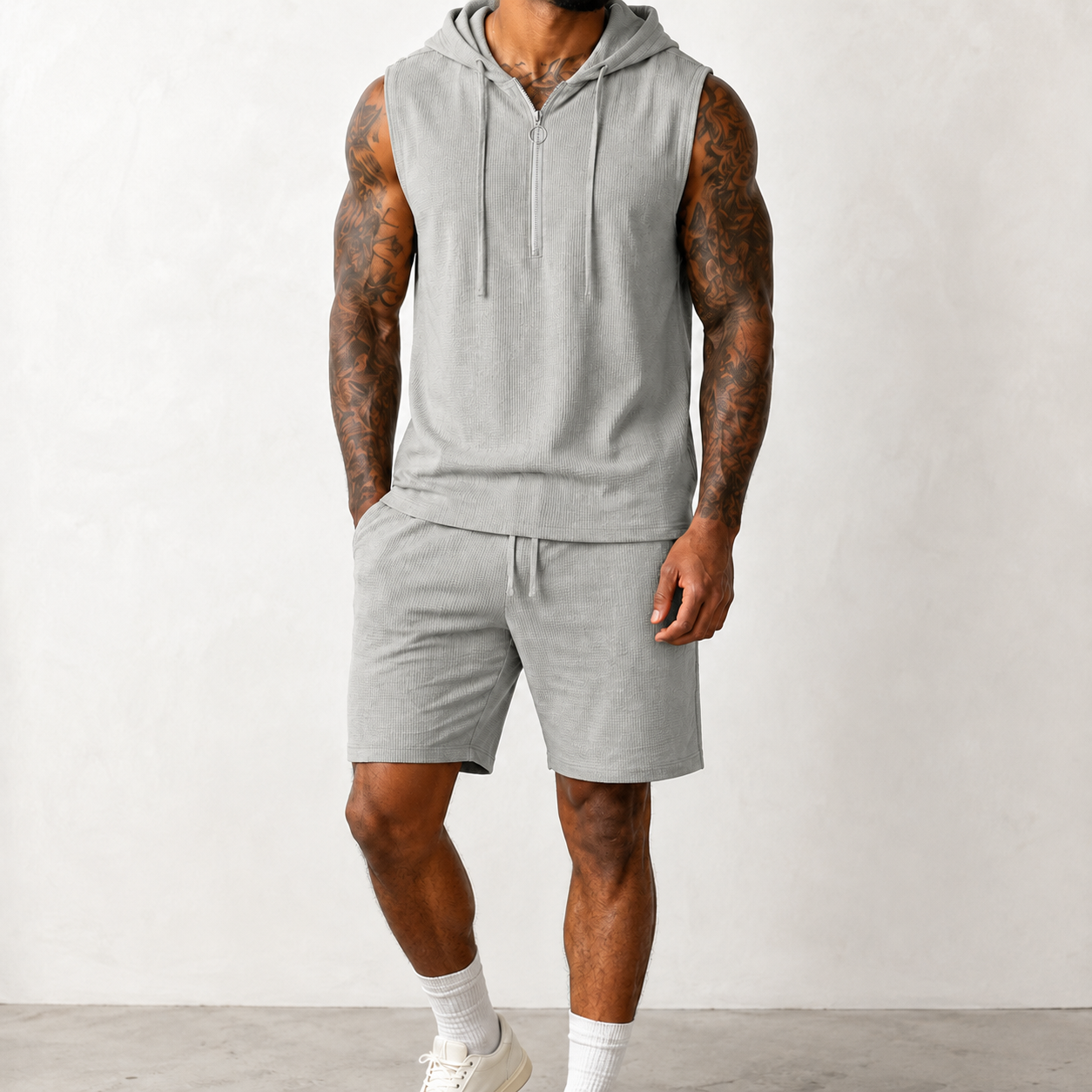 Heather gray men's sleeveless half zip hoodie and shorts set