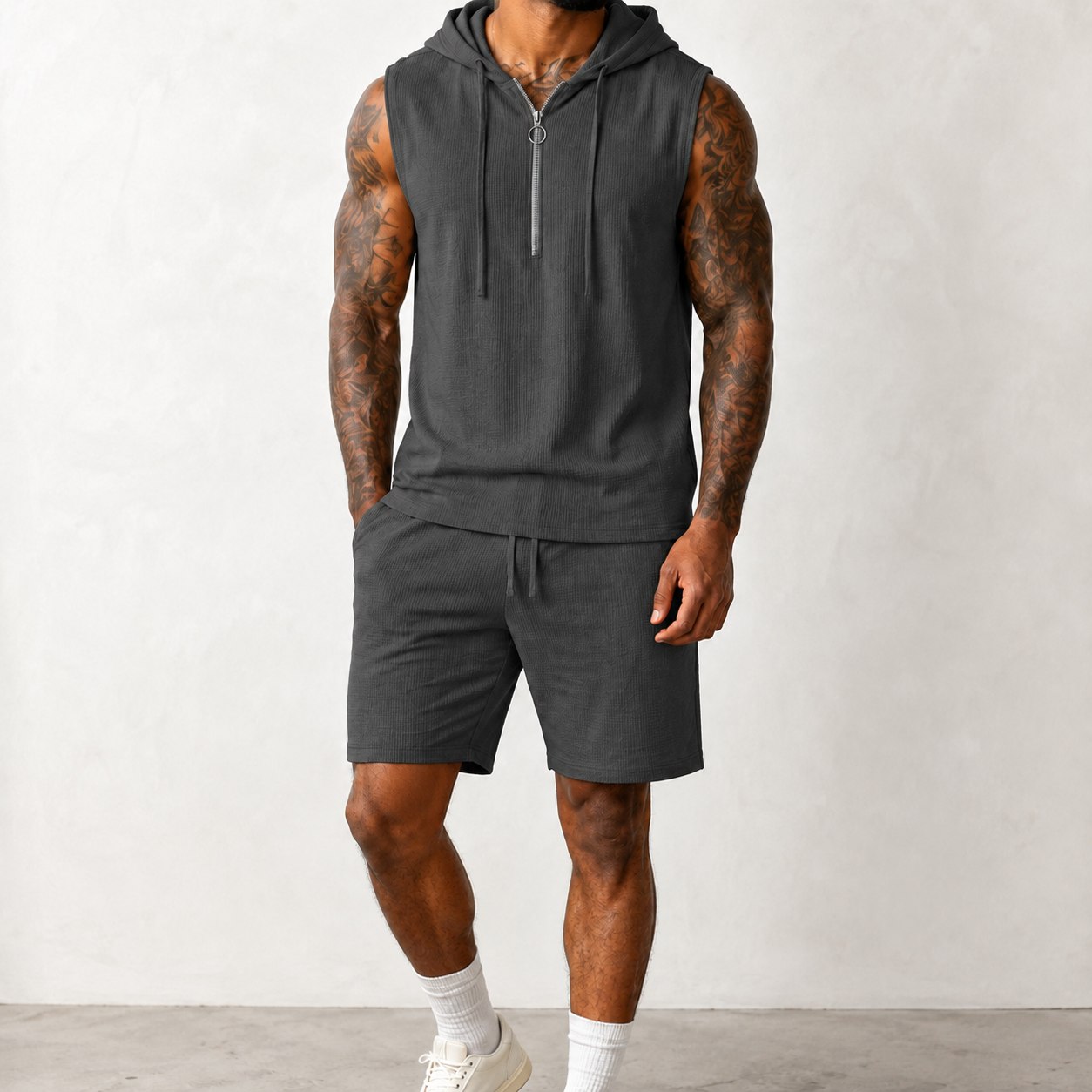 Charcoal gray men's sleeveless half zip hoodie and shorts set