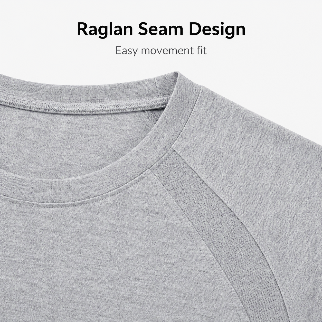 Raglan seam design detail on gray athletic tee