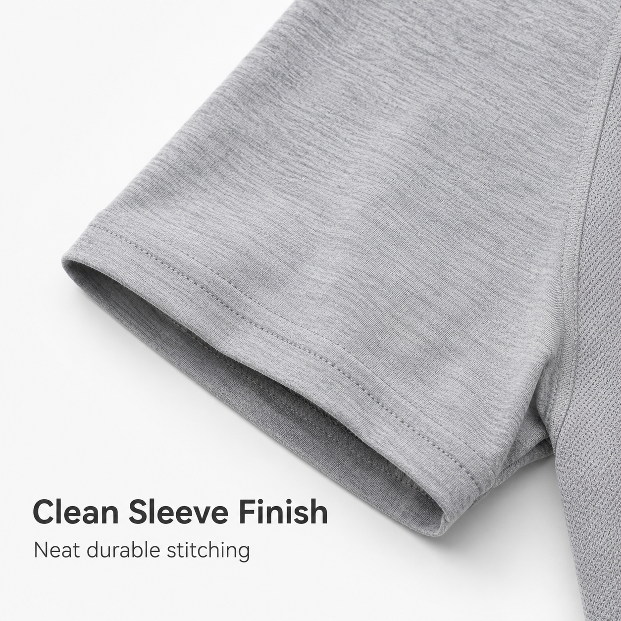 Clean cuff finish detail on gray athletic tee