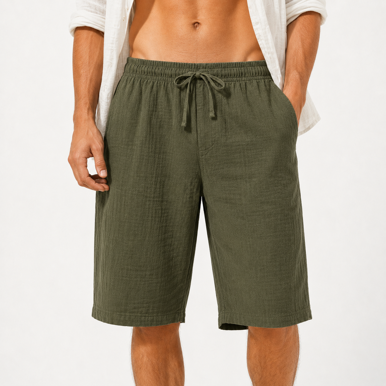 Olive green mens textured drawstring shorts