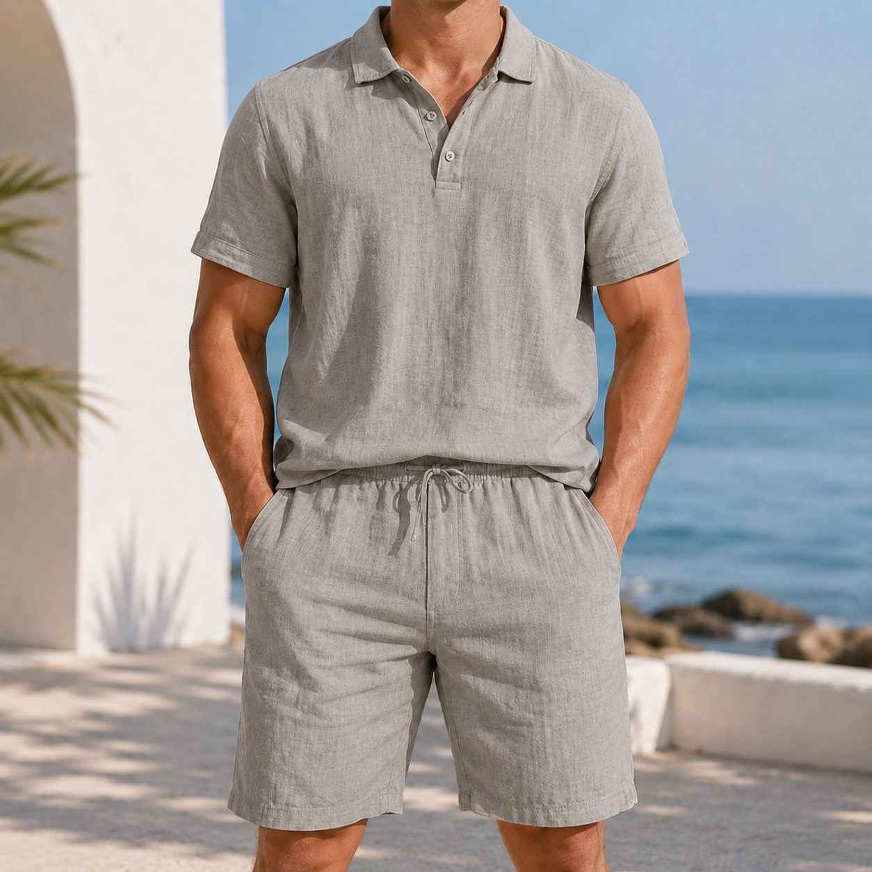 Men's textured polo and shorts set in Stone Gray