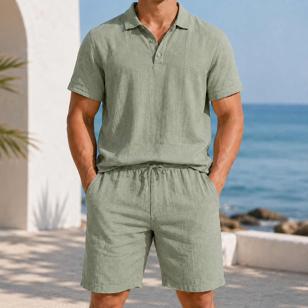 Men's textured polo and shorts set in Sage Green