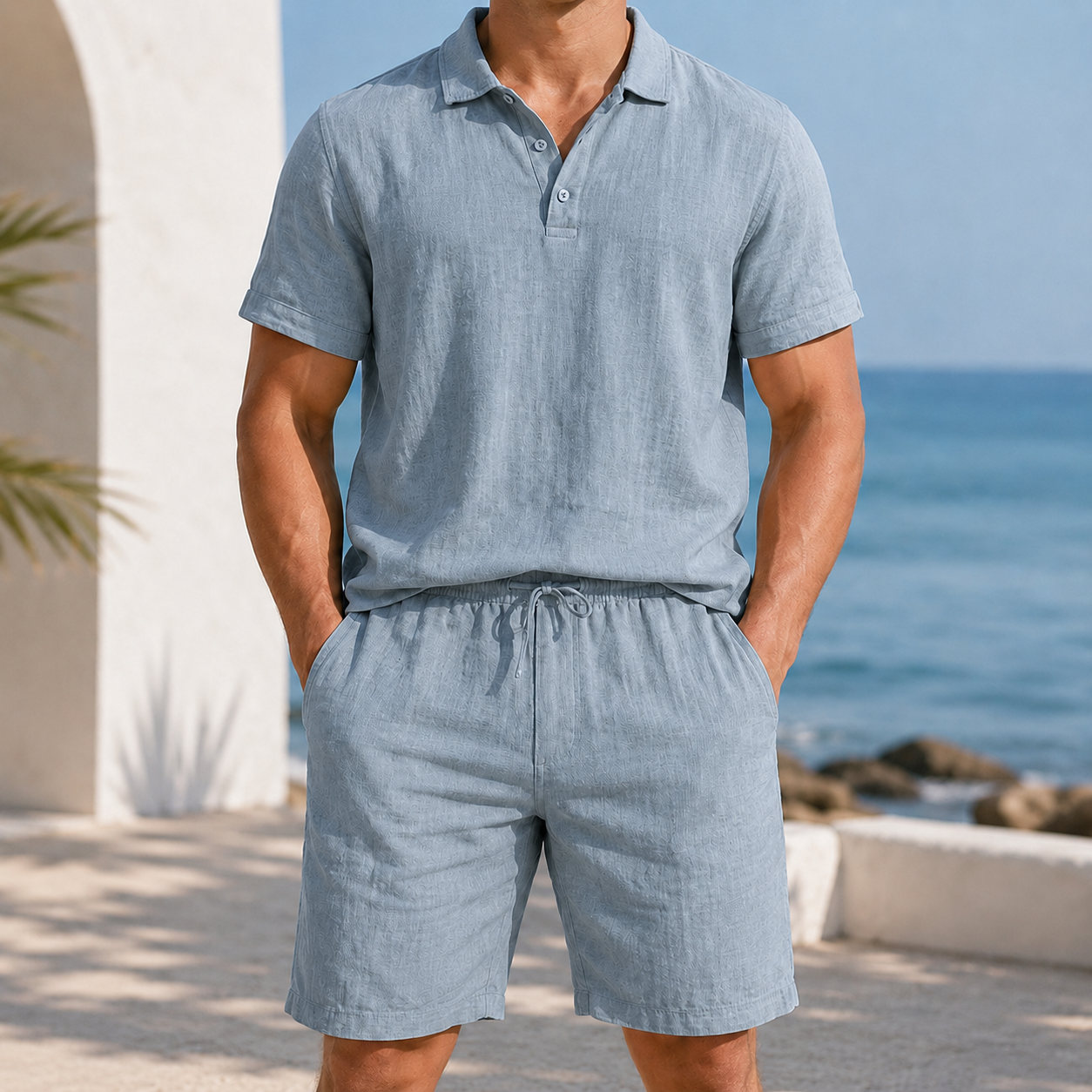 Men's textured polo and shorts set in Dusty Blue