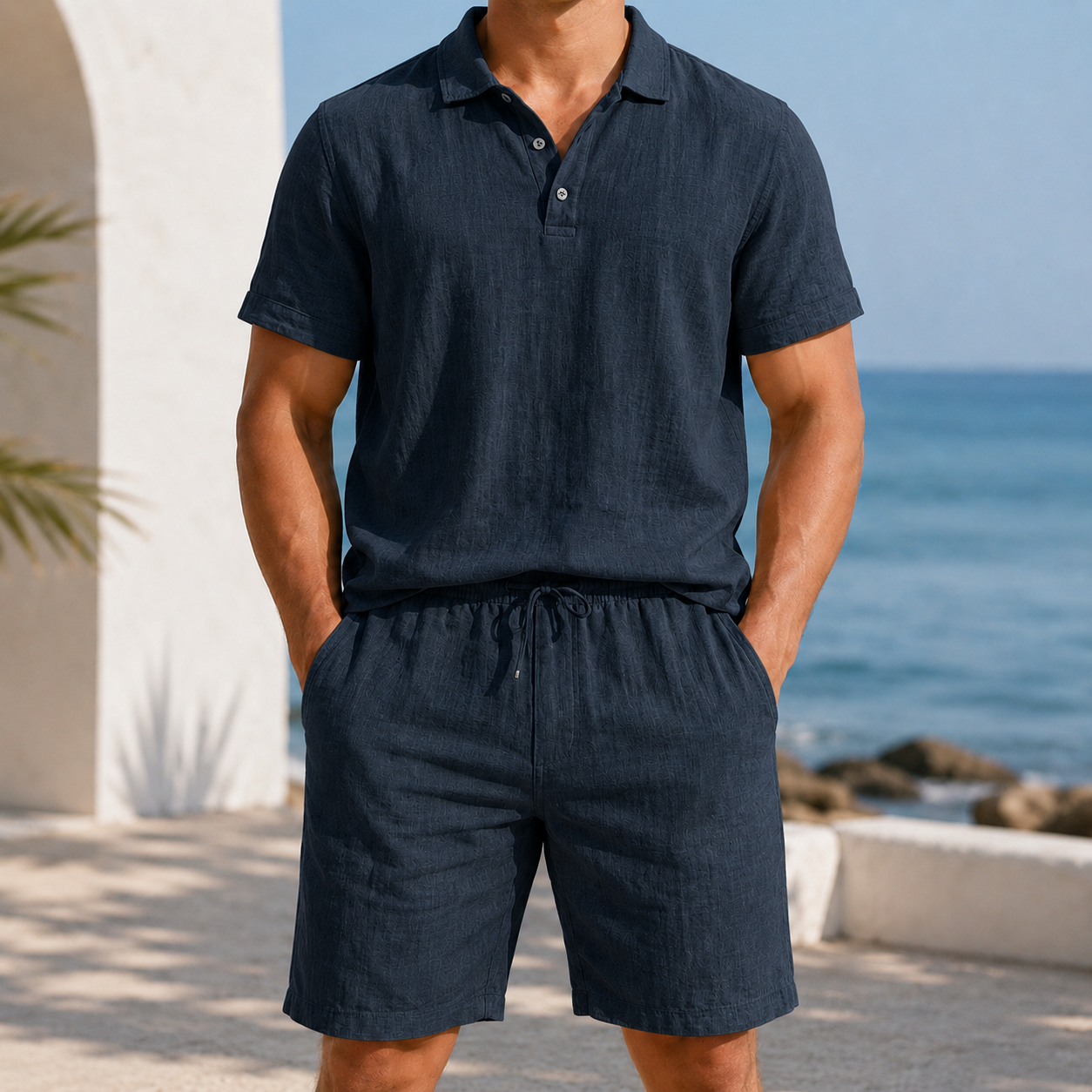 Men's textured polo and shorts set in Charcoal Navy