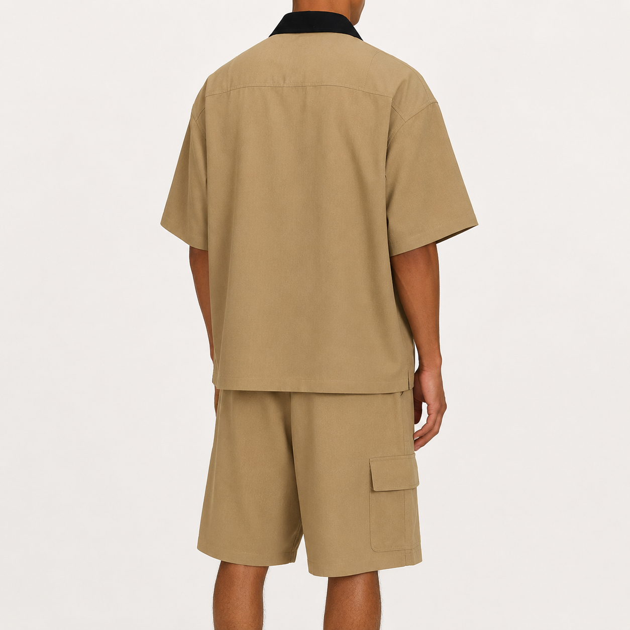 Back view of Khaki Tan shirt and cargo shorts set