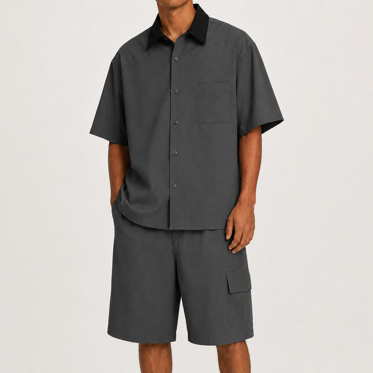 Charcoal Gray men's relaxed contrast collar shirt and cargo shorts set