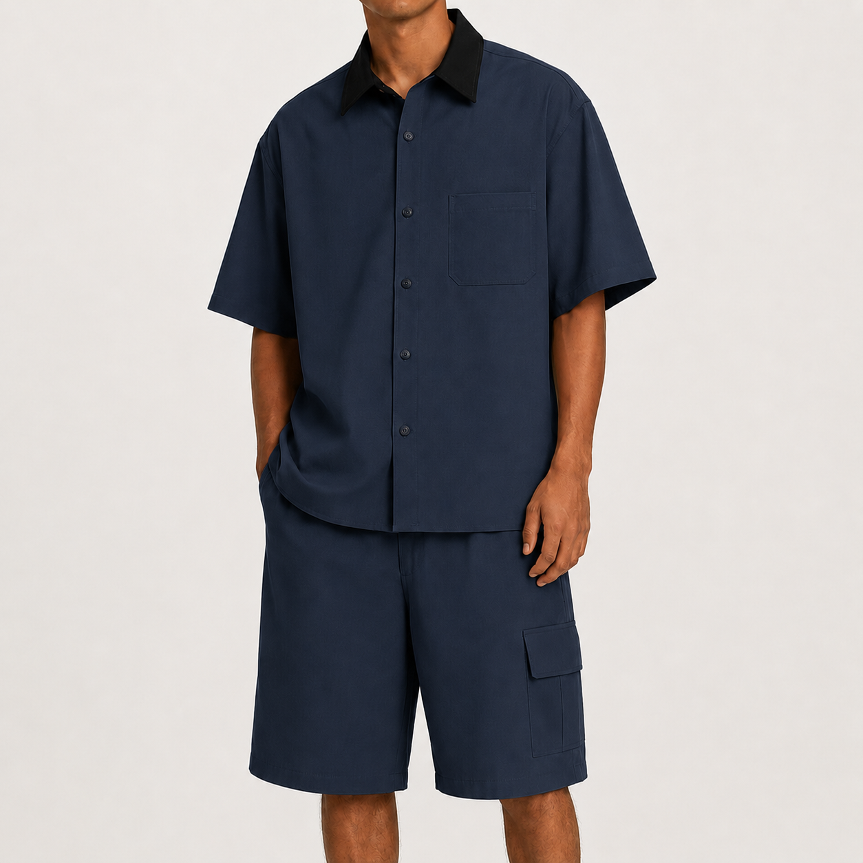 Navy Blue men's relaxed contrast collar shirt and cargo shorts set