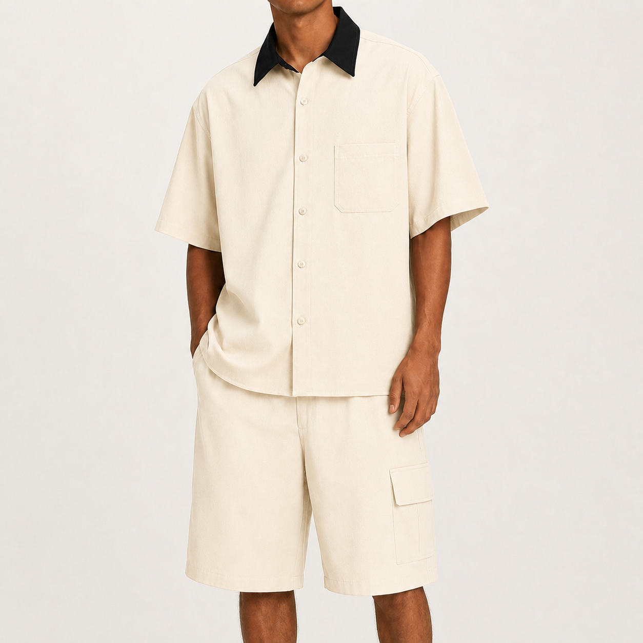 Cream Ivory men's relaxed contrast collar shirt and cargo shorts set