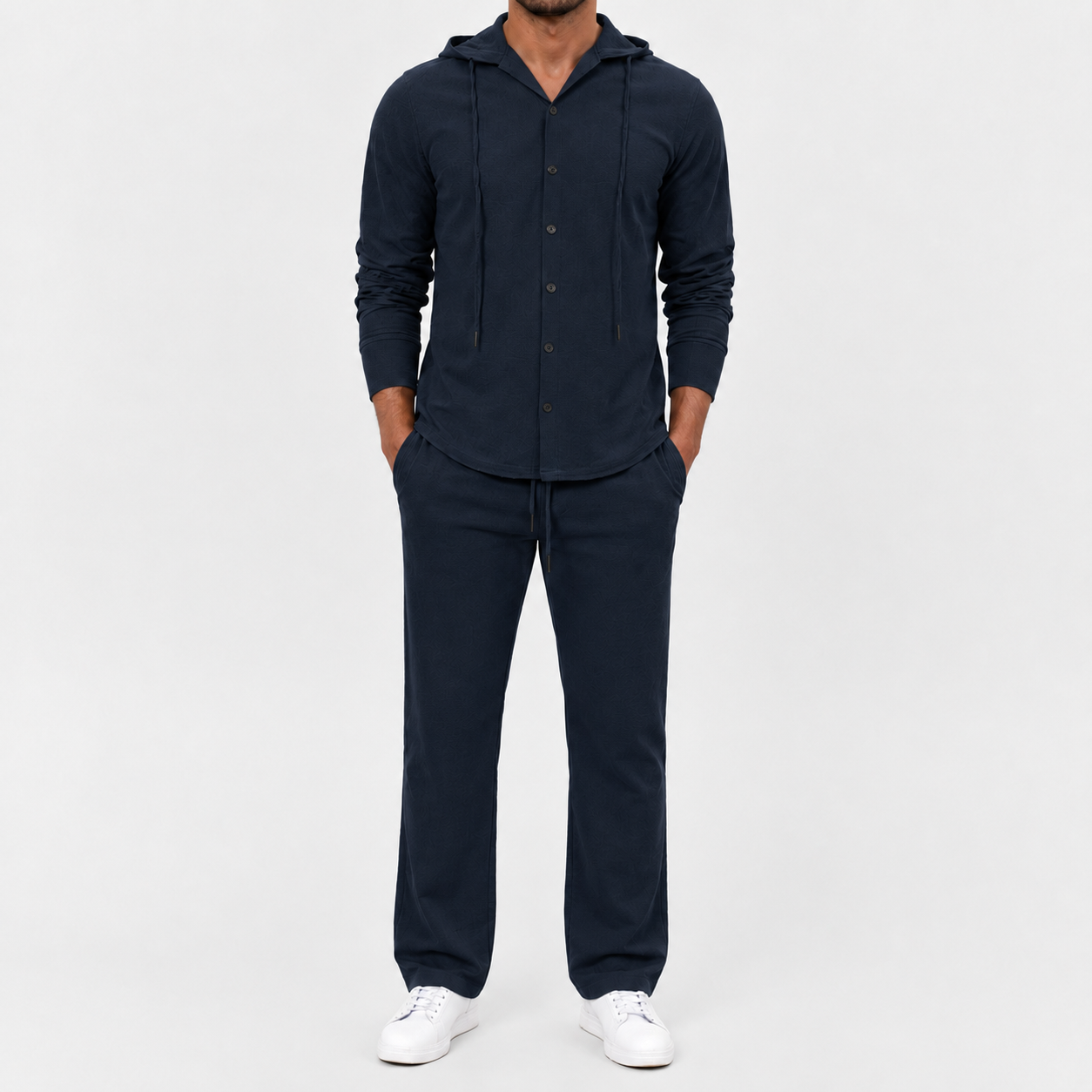 Men's deep navy textured hooded button two piece set