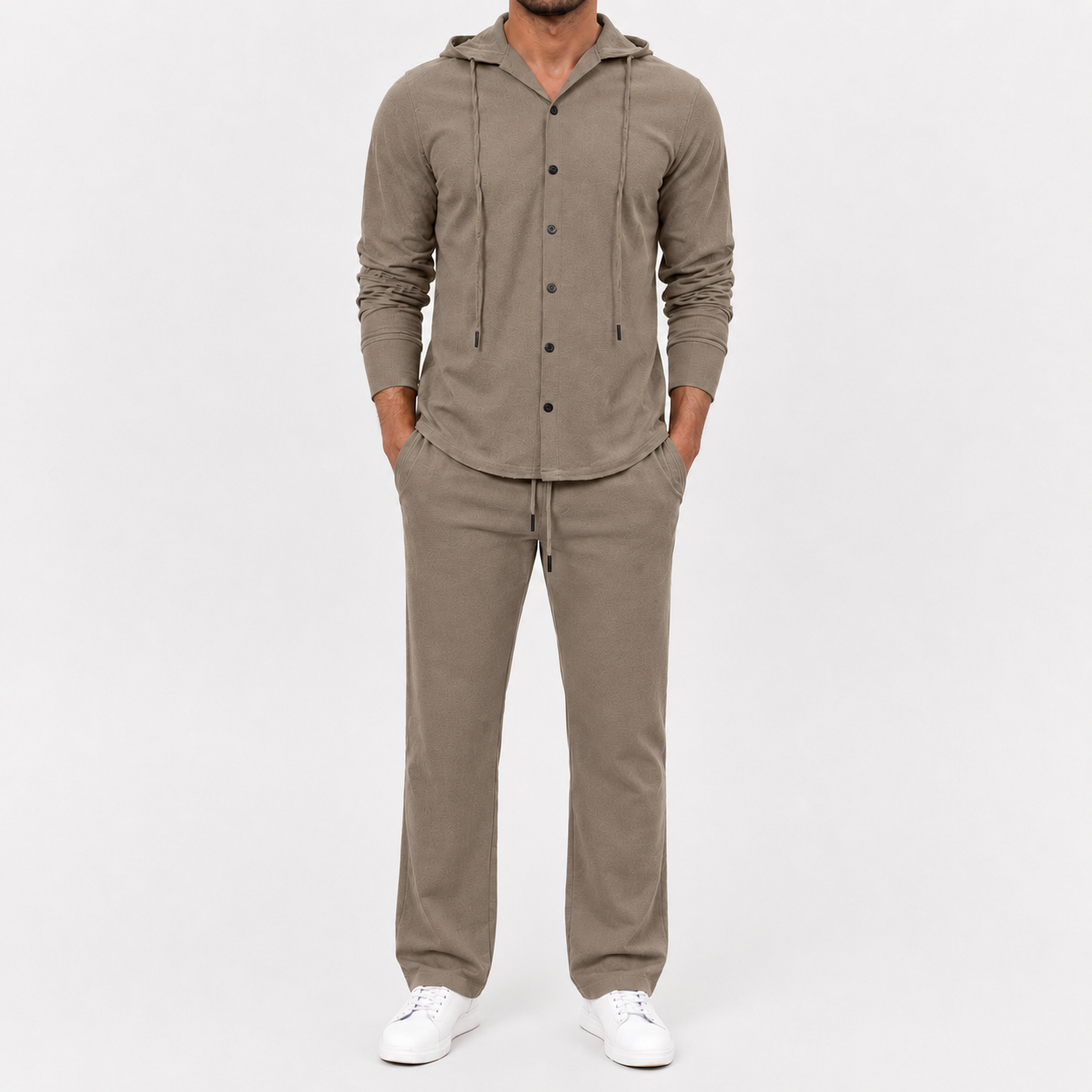 Men's stone taupe textured hooded button two piece set