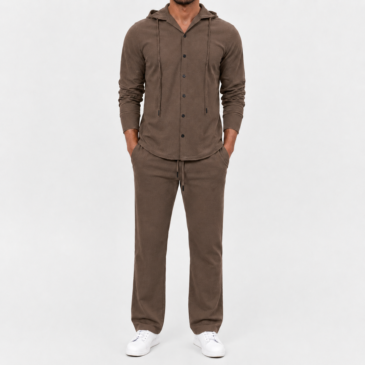 Men's mocha brown textured hooded button two piece set