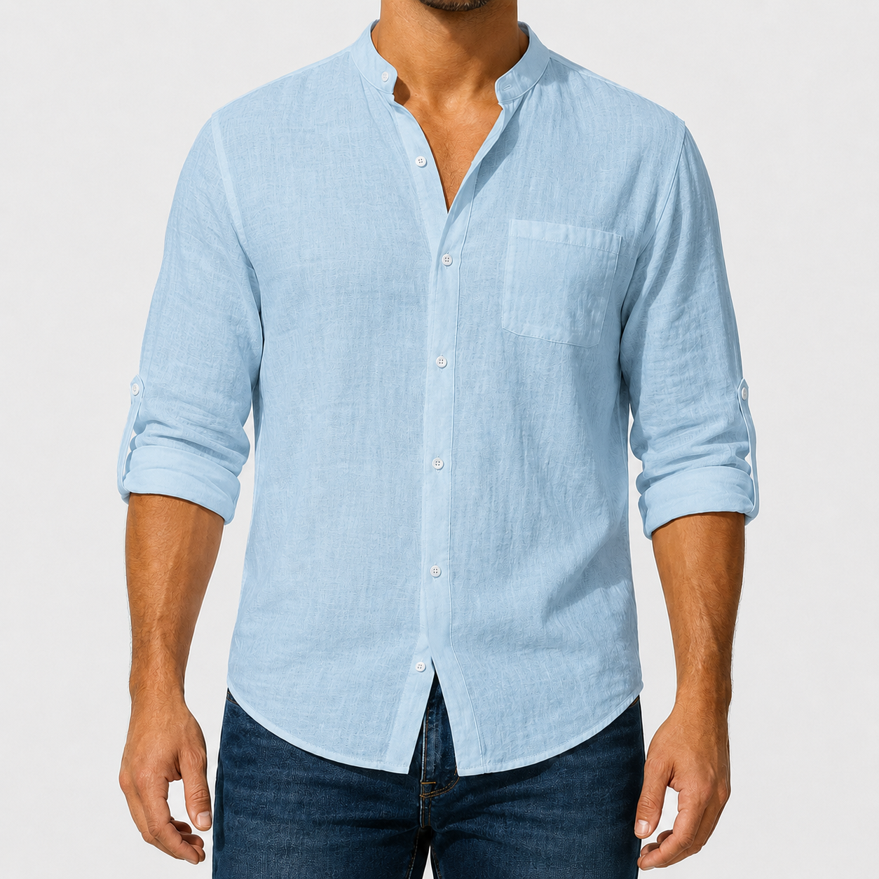 Men's lightweight woven mandarin collar shirt in light blue