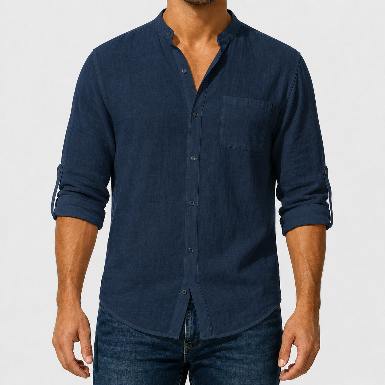 Men's lightweight woven mandarin collar shirt in navy blue