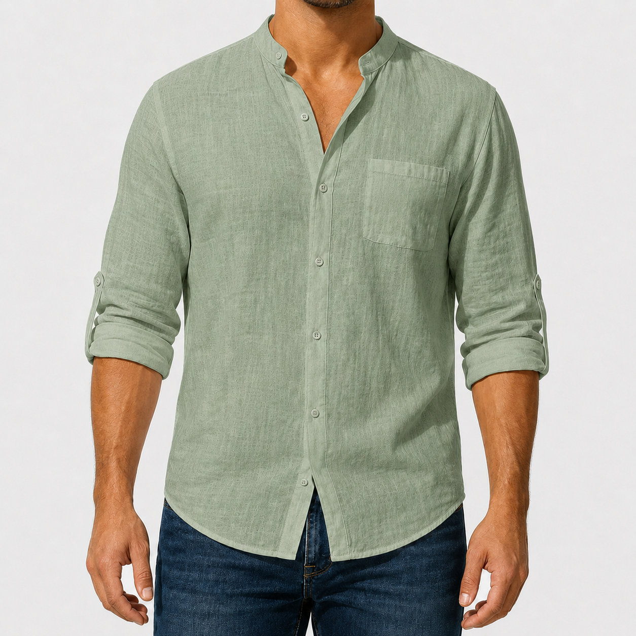 Men's lightweight woven mandarin collar shirt in sage green
