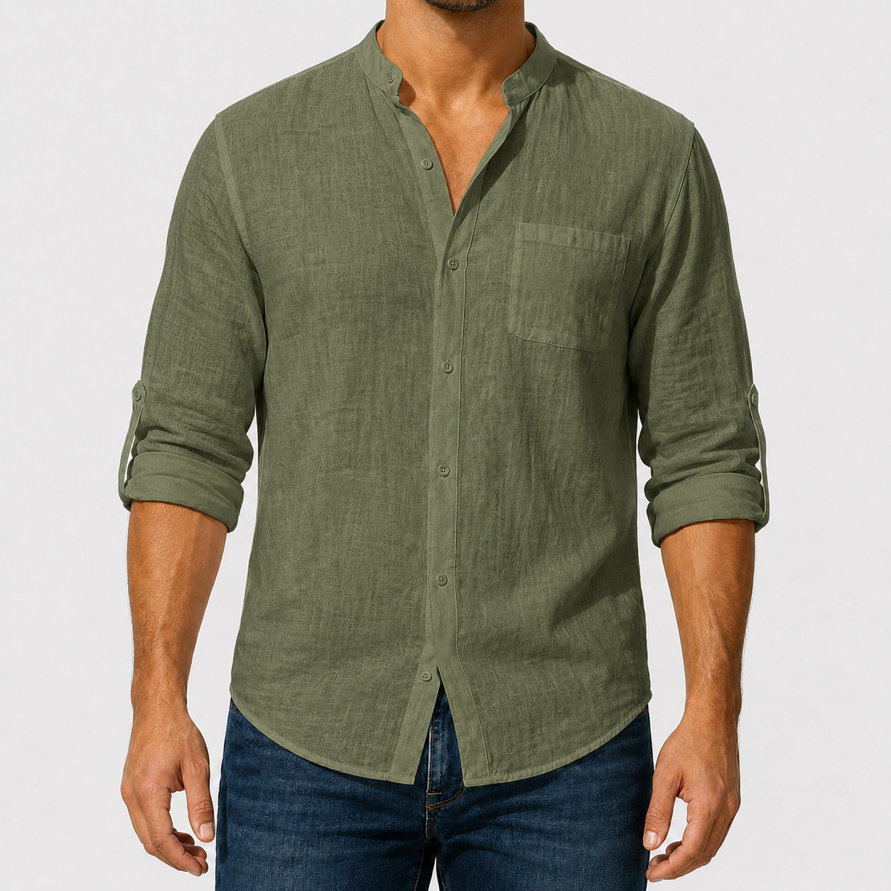 Men's lightweight woven mandarin collar shirt in olive green